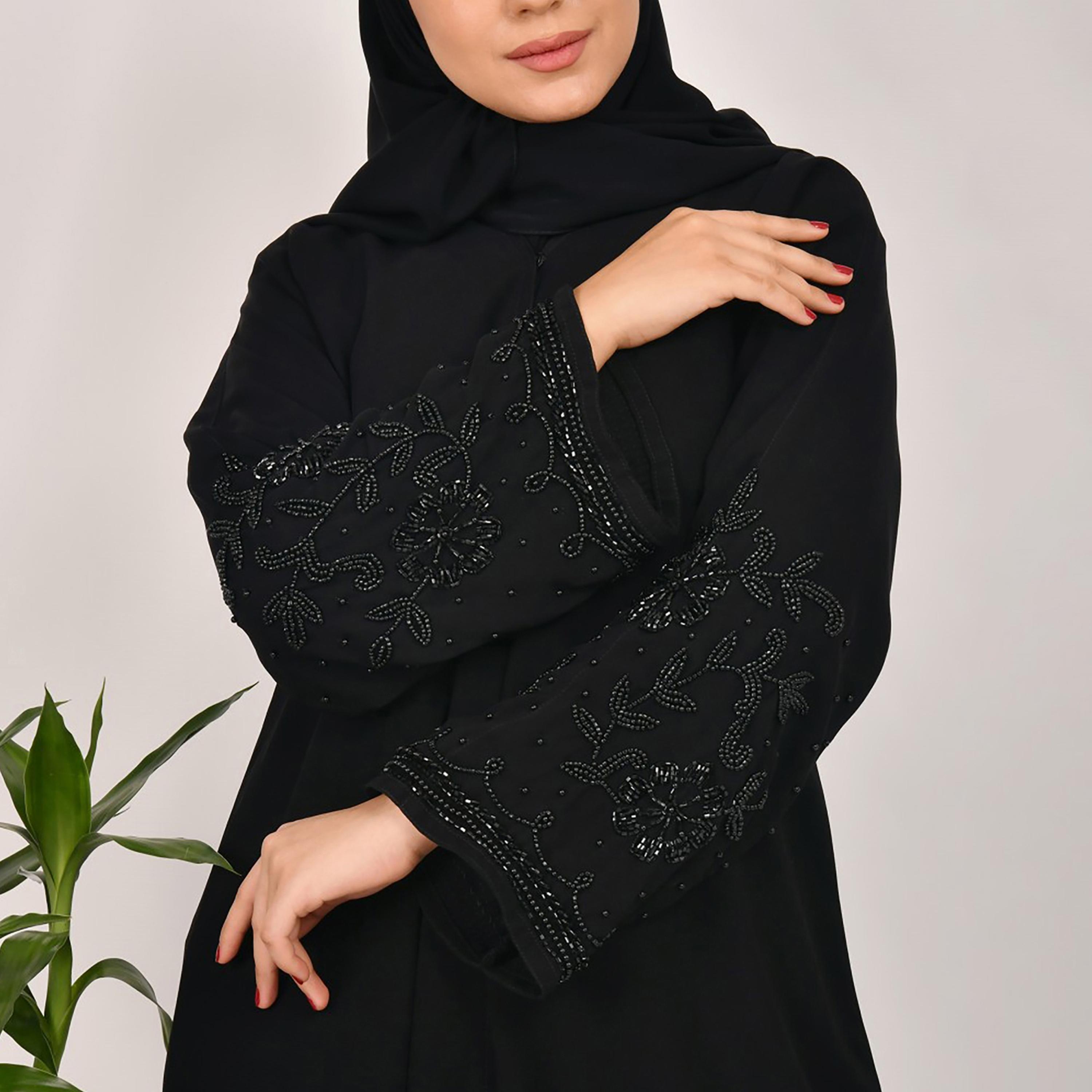 Lamha Plain Beaded Detailed Sleeves Abaya with Hijab-women-arabicclothing-abayas-image-3