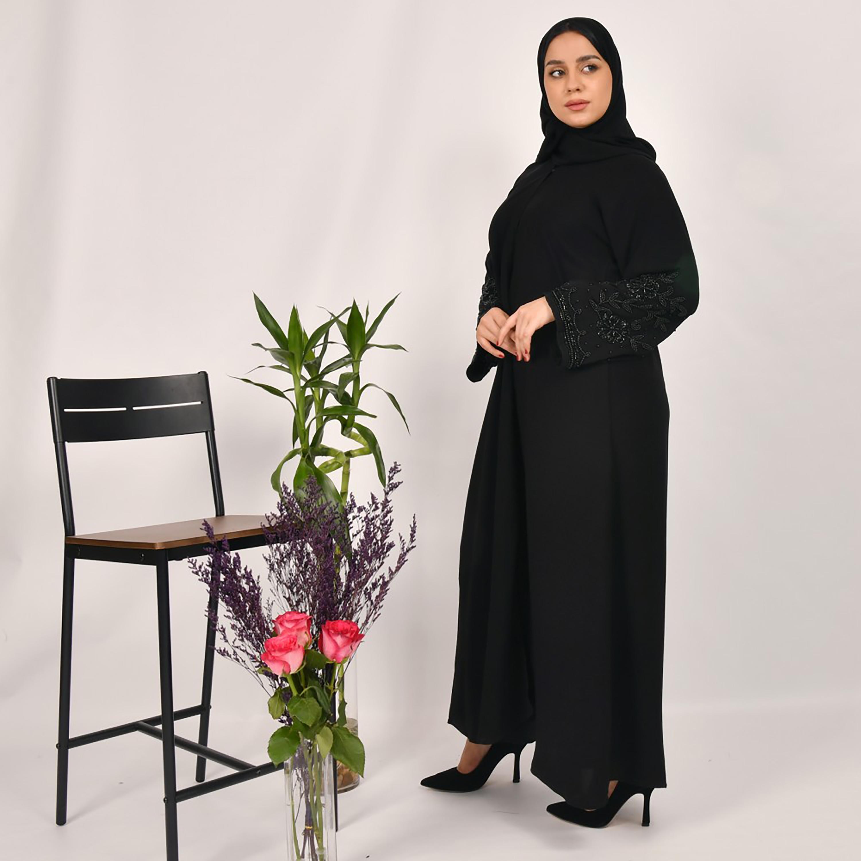 Lamha Plain Beaded Detailed Sleeves Abaya with Hijab-women-arabicclothing-abayas-image-4