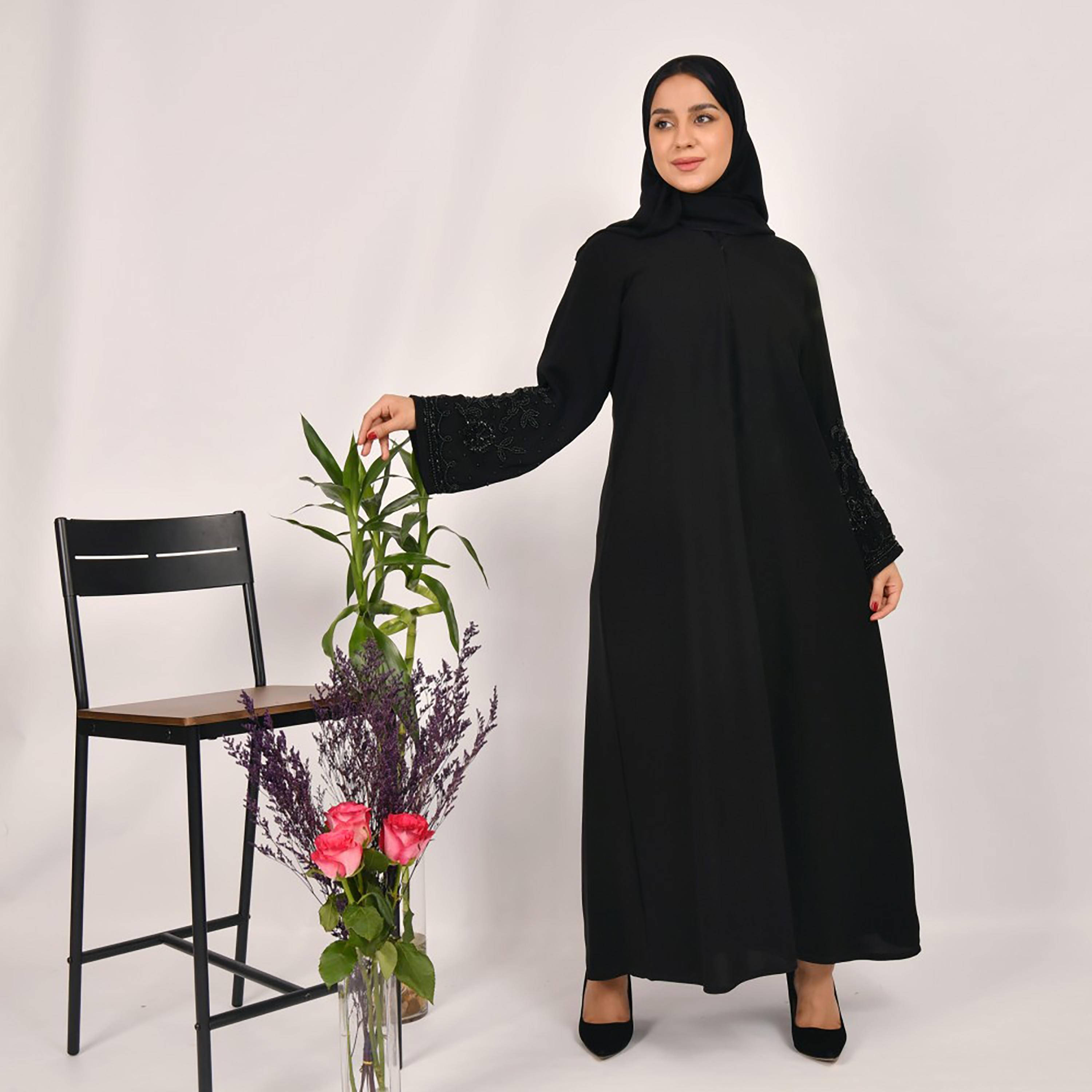 Lamha Plain Beaded Detailed Sleeves Abaya with Hijab-women-arabicclothing-abayas-image-1