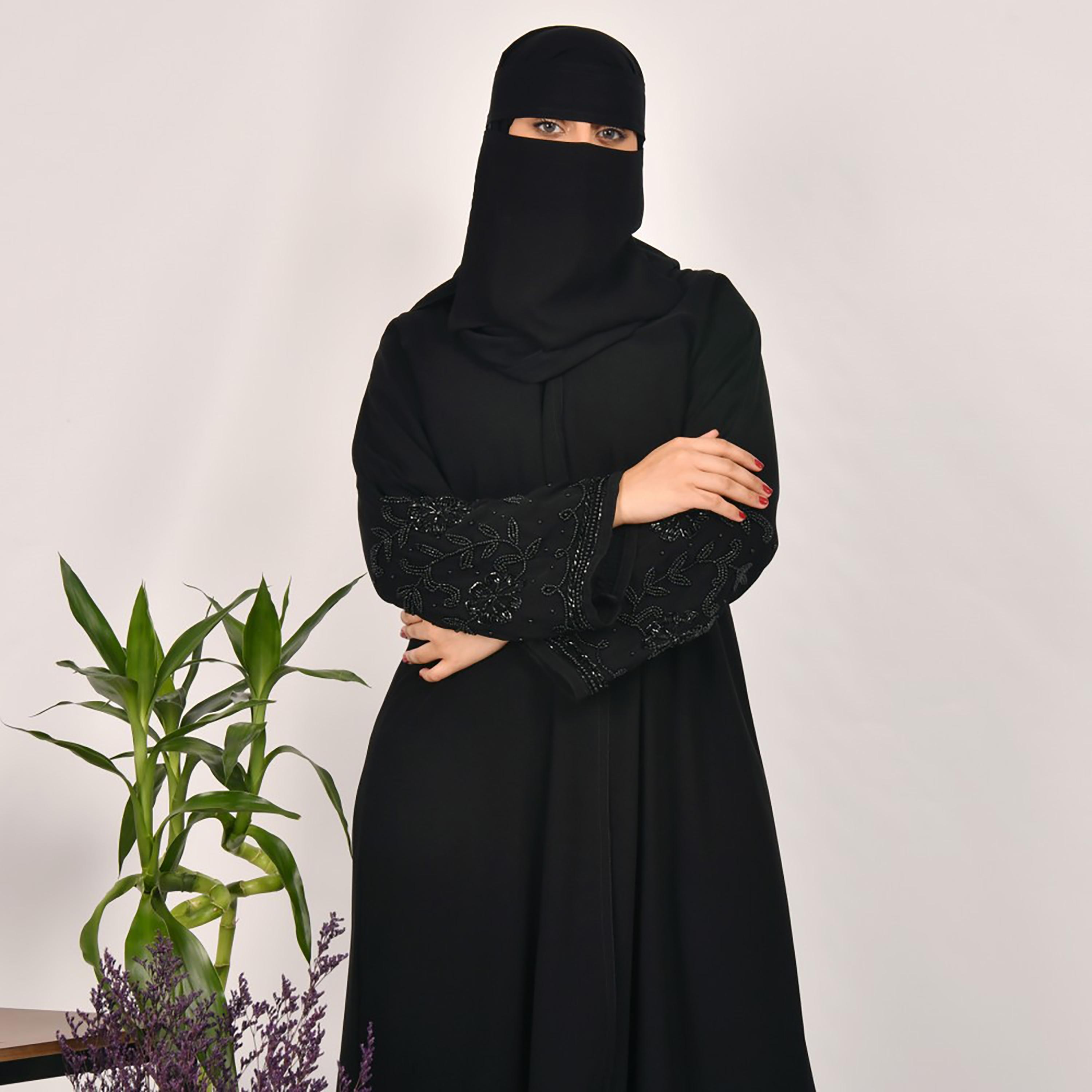 Lamha Plain Beaded Detailed Sleeves Abaya with Hijab-women-arabicclothing-abayas-image-2