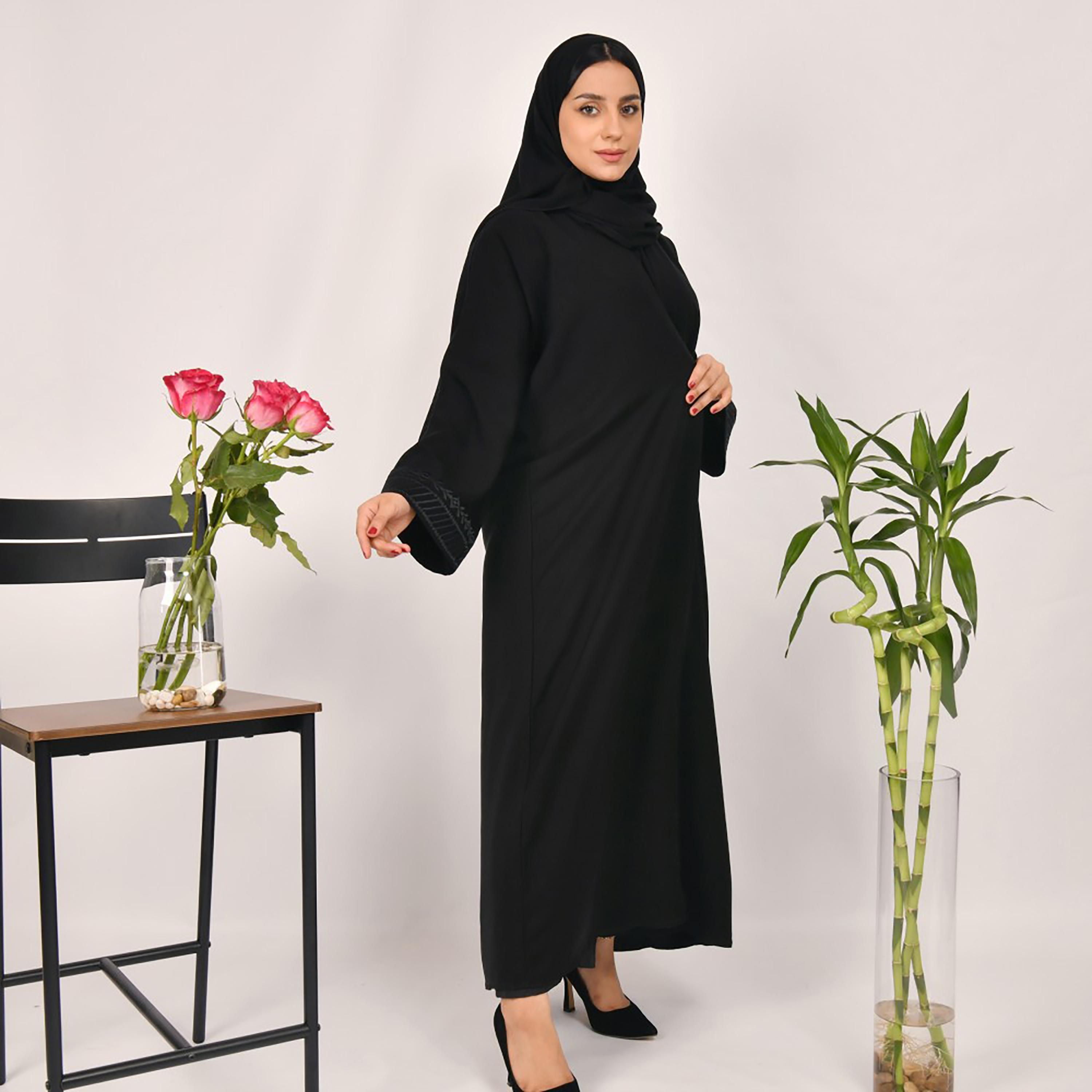 Lamha Plain Embroidered Detailed Sleeves Abaya with Hijab-women-arabicclothing-abayas-image-1