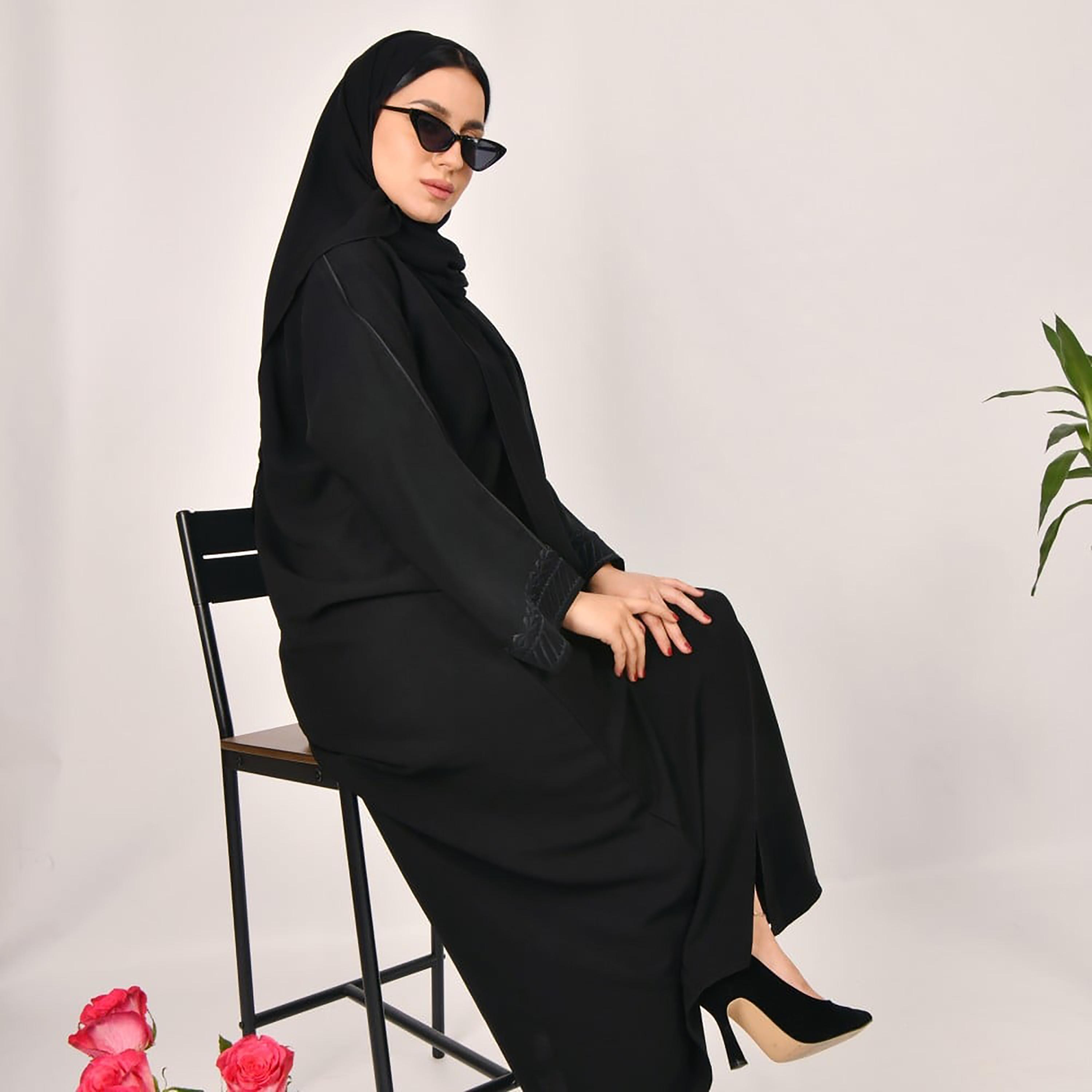 Lamha Plain Embroidered Detailed Sleeves Abaya with Hijab-women-arabicclothing-abayas-image-4