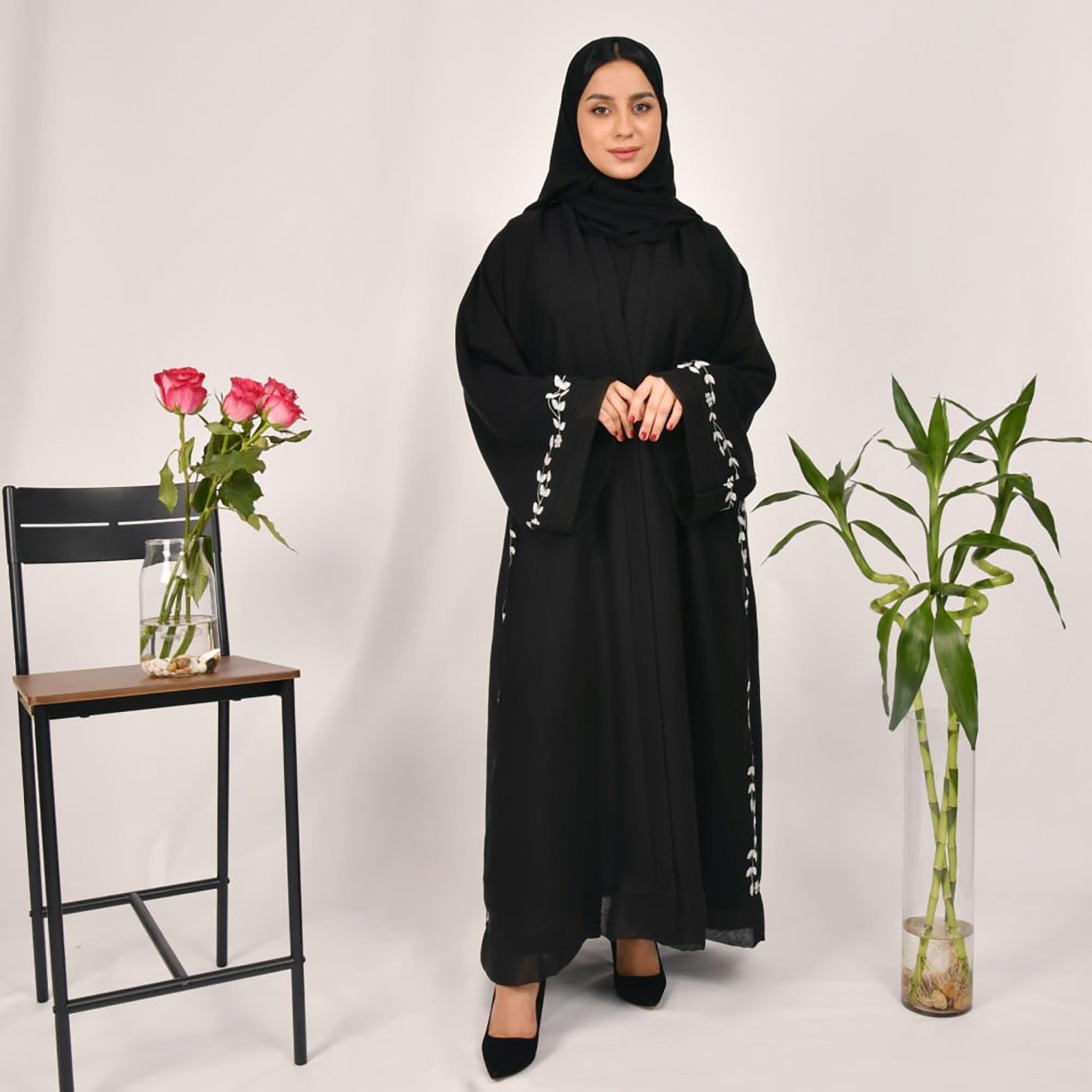 Lamha Plain Embroidered Detailed Sleeves Abaya with Hijab-women-arabicclothing-abayas-image-1