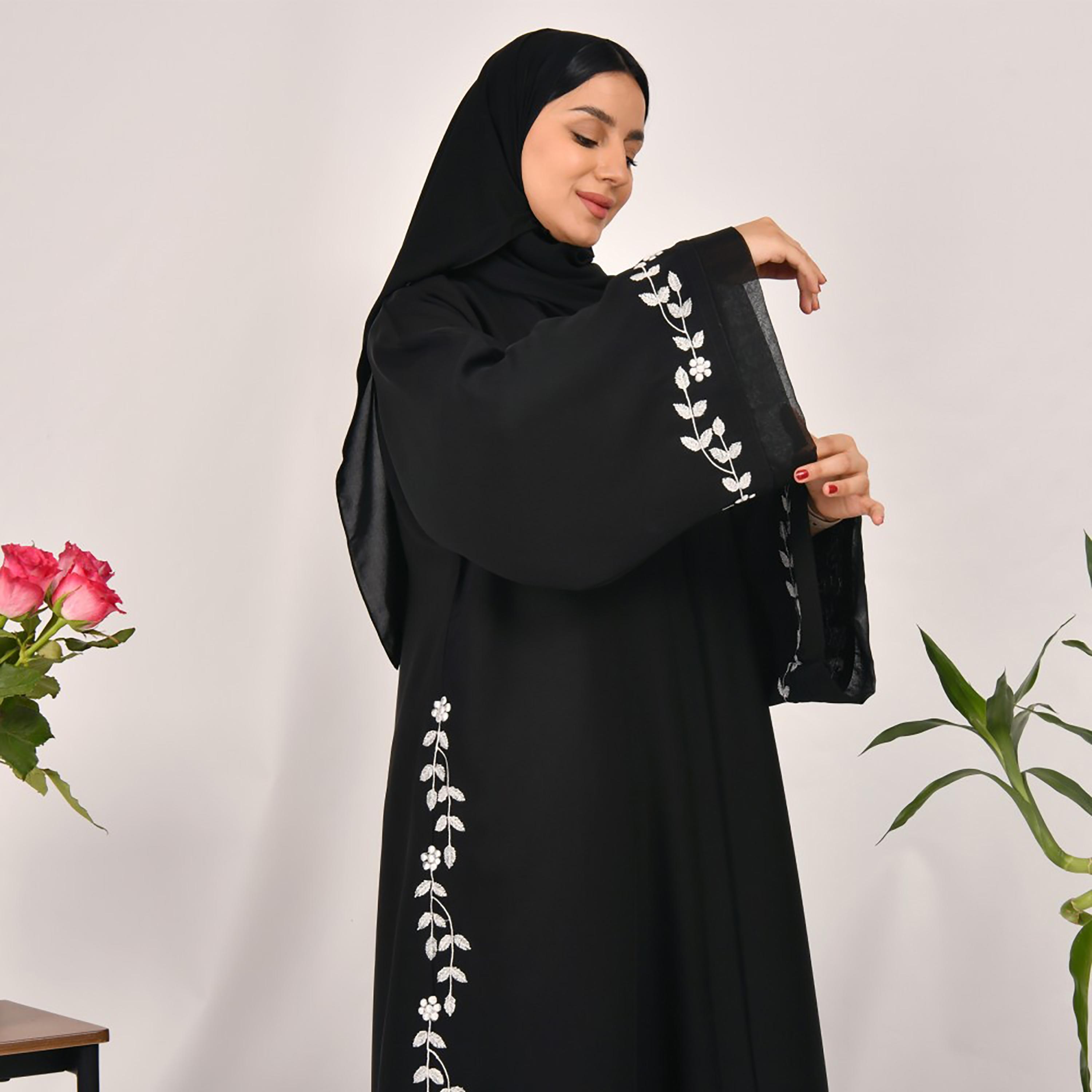 Lamha Plain Embroidered Detailed Sleeves Abaya with Hijab-women-arabicclothing-abayas-image-2