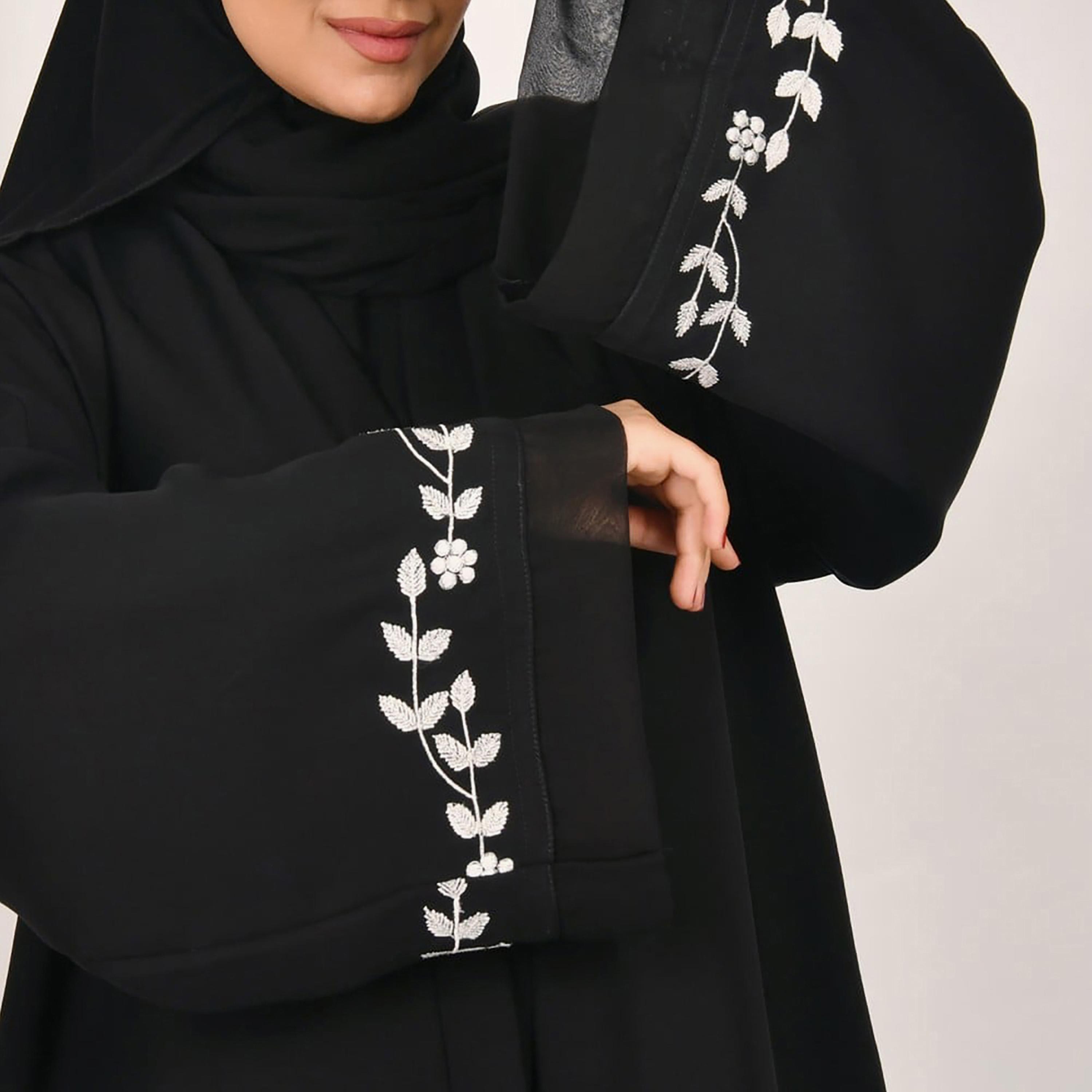 Lamha Plain Embroidered Detailed Sleeves Abaya with Hijab-women-arabicclothing-abayas-image-3