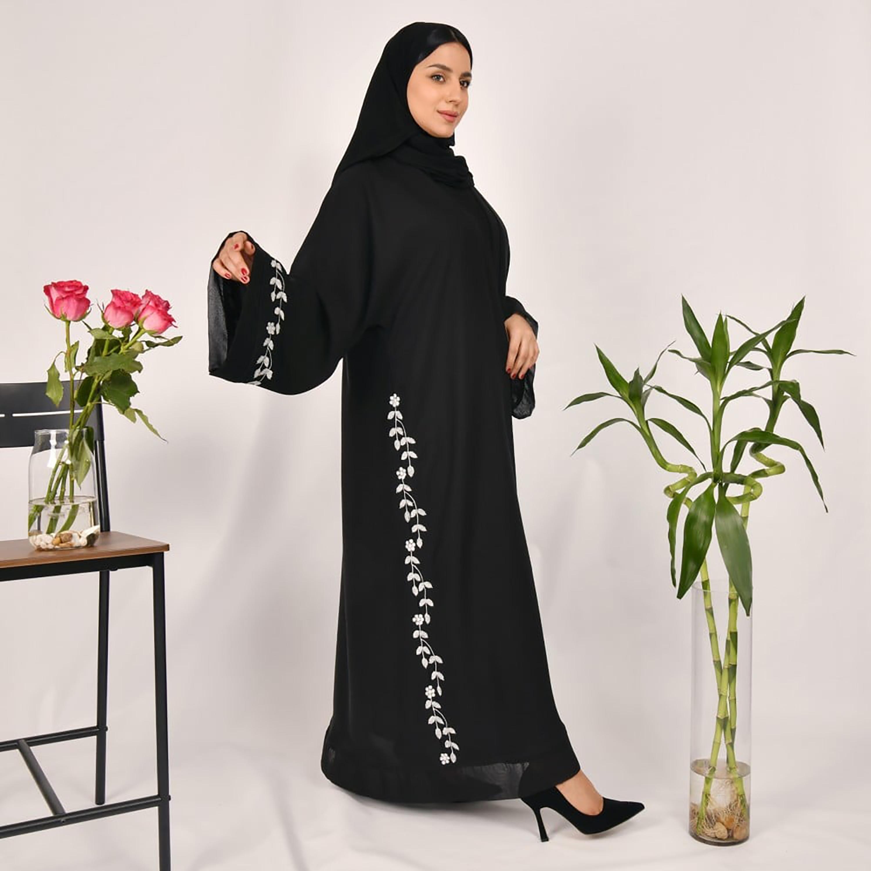 Lamha Plain Embroidered Detailed Sleeves Abaya with Hijab-women-arabicclothing-abayas-image-4