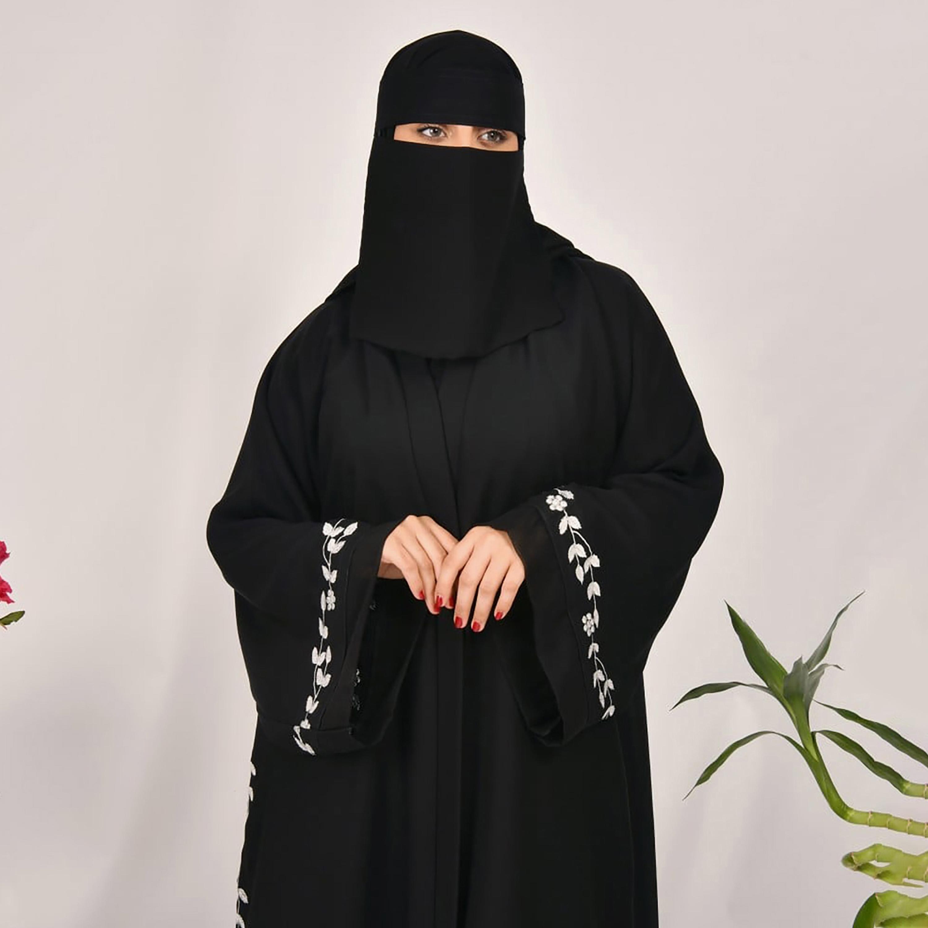 Lamha Plain Embroidered Detailed Sleeves Abaya with Hijab-women-arabicclothing-abayas-image-5