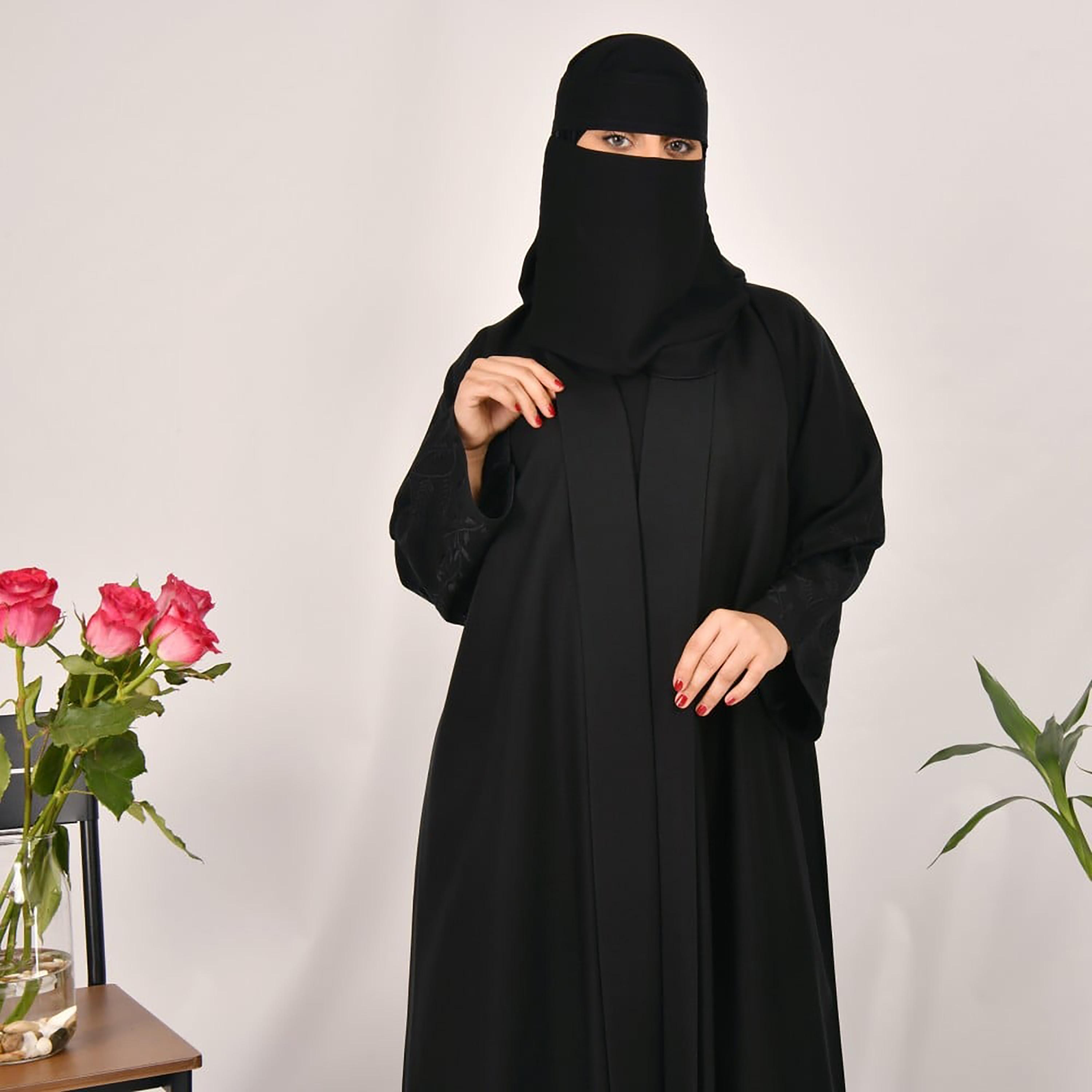 Lamha Plain Embroidered Detailed Sleeves Abaya with Hijab-women-arabicclothing-abayas-image-2