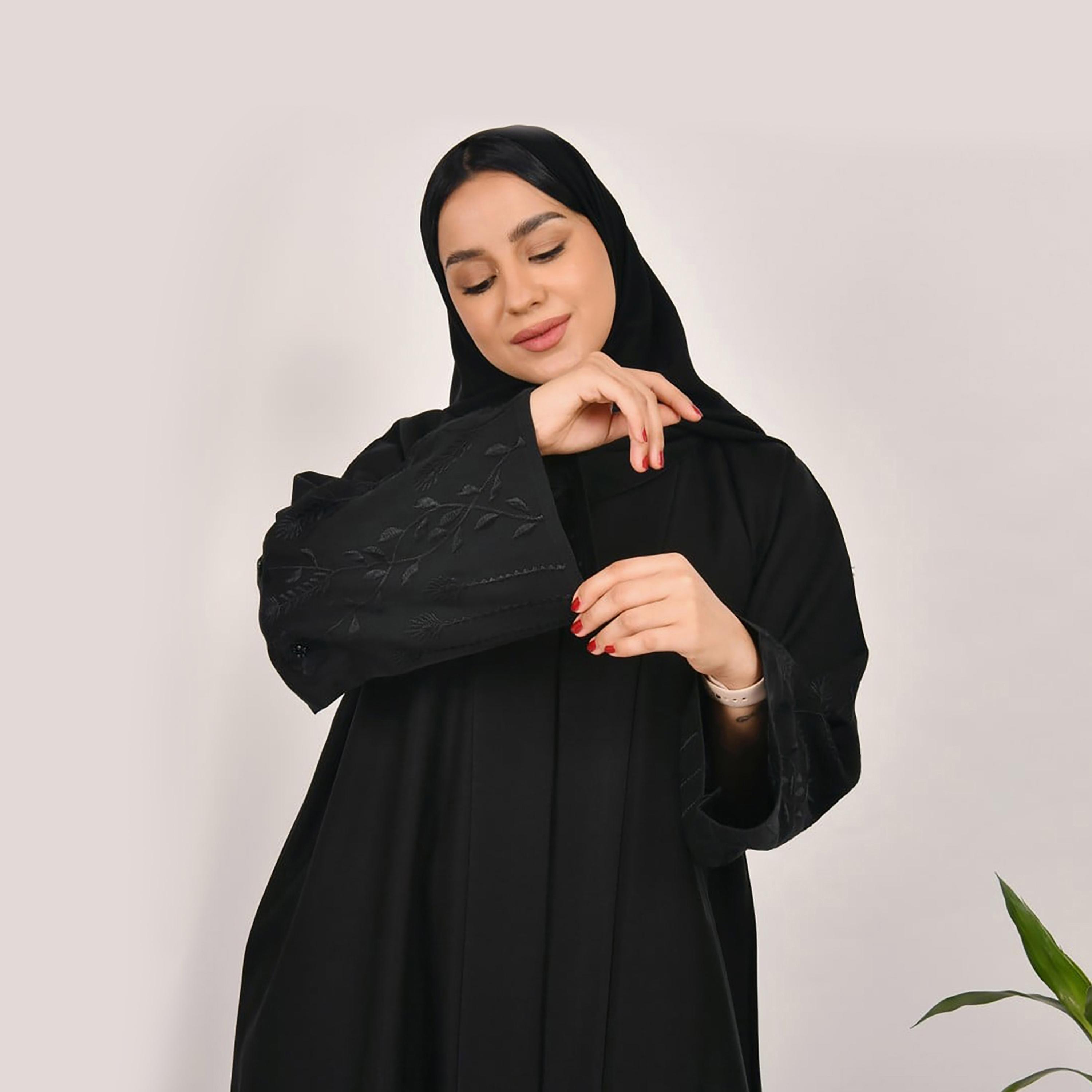 Lamha Plain Embroidered Detailed Sleeves Abaya with Hijab-women-arabicclothing-abayas-image-5