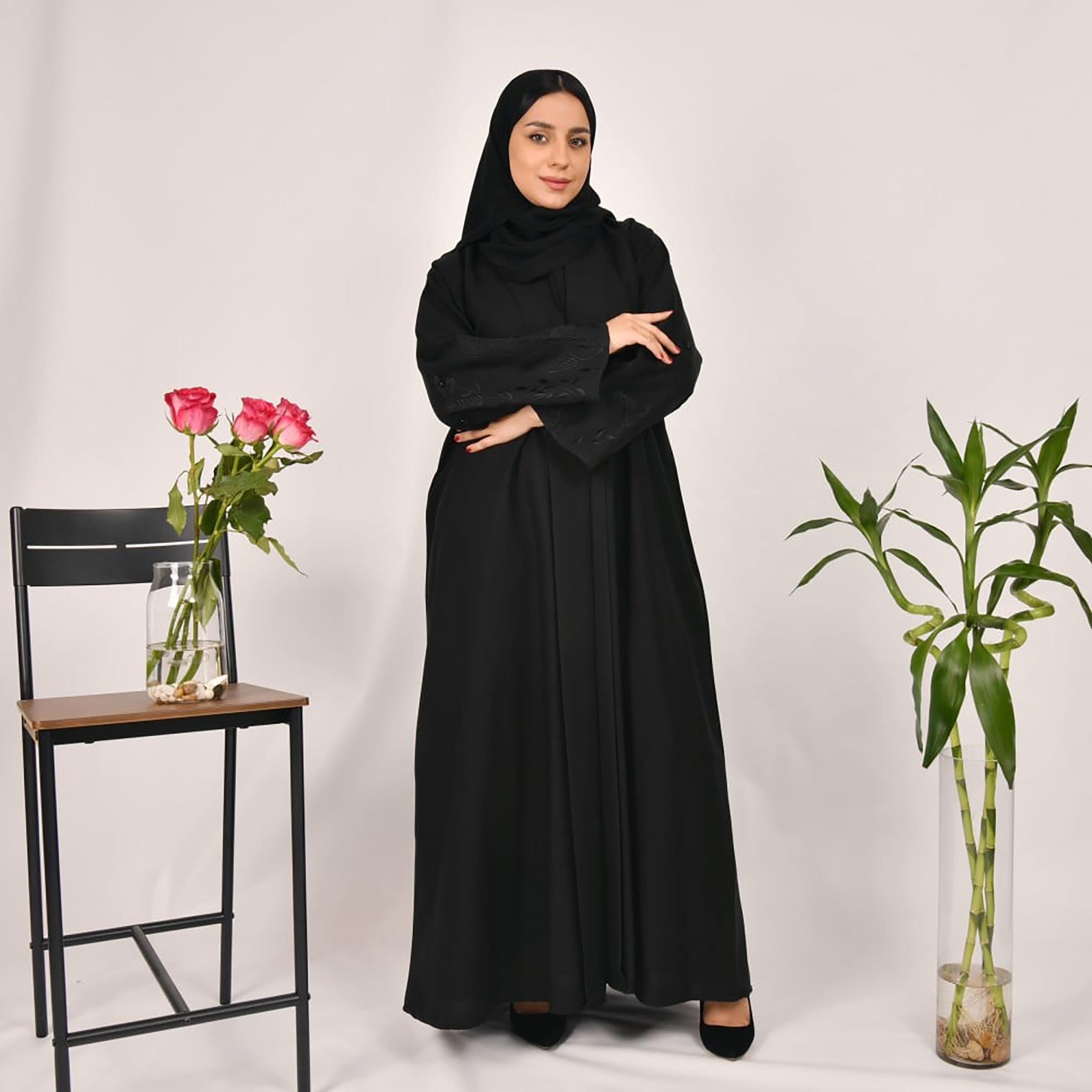 Lamha Plain Embroidered Detailed Sleeves Abaya with Hijab-women-arabicclothing-abayas-image-1
