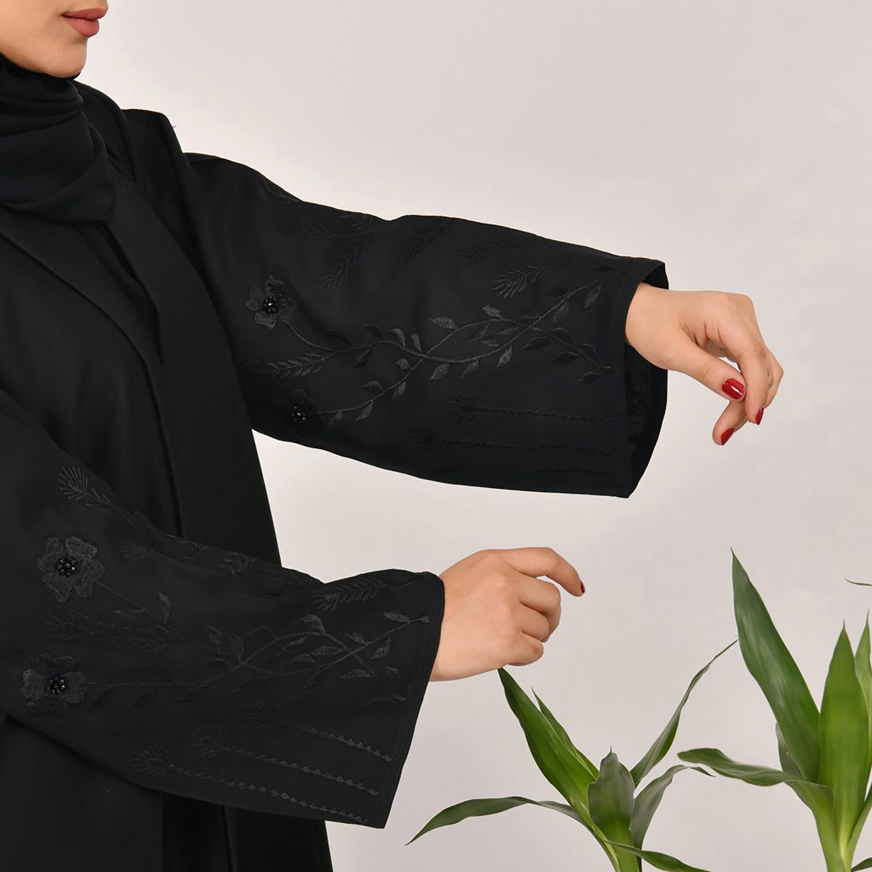 Lamha Plain Embroidered Detailed Sleeves Abaya with Hijab-women-arabicclothing-abayas-image-3