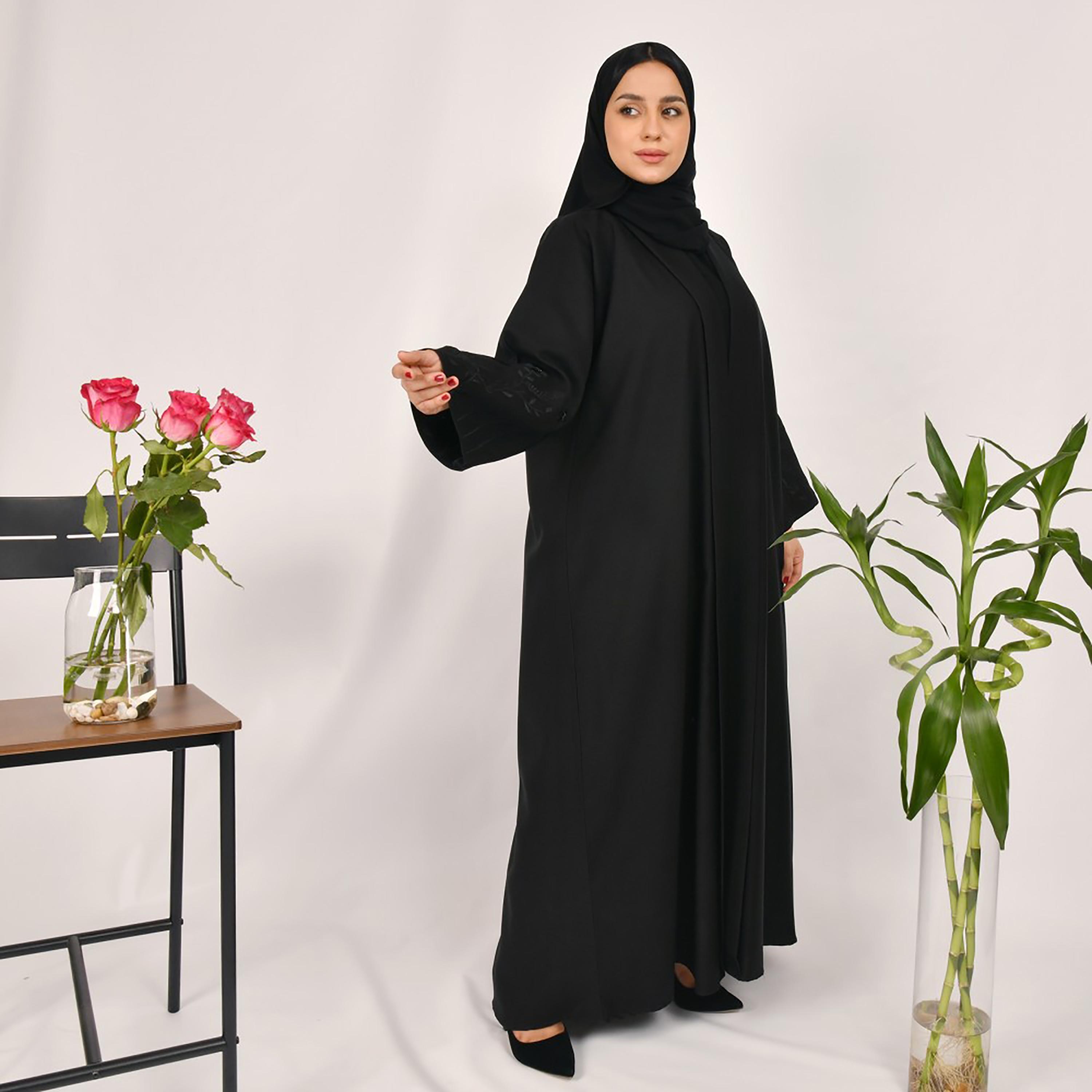 Lamha Plain Embroidered Detailed Sleeves Abaya with Hijab-women-arabicclothing-abayas-image-4