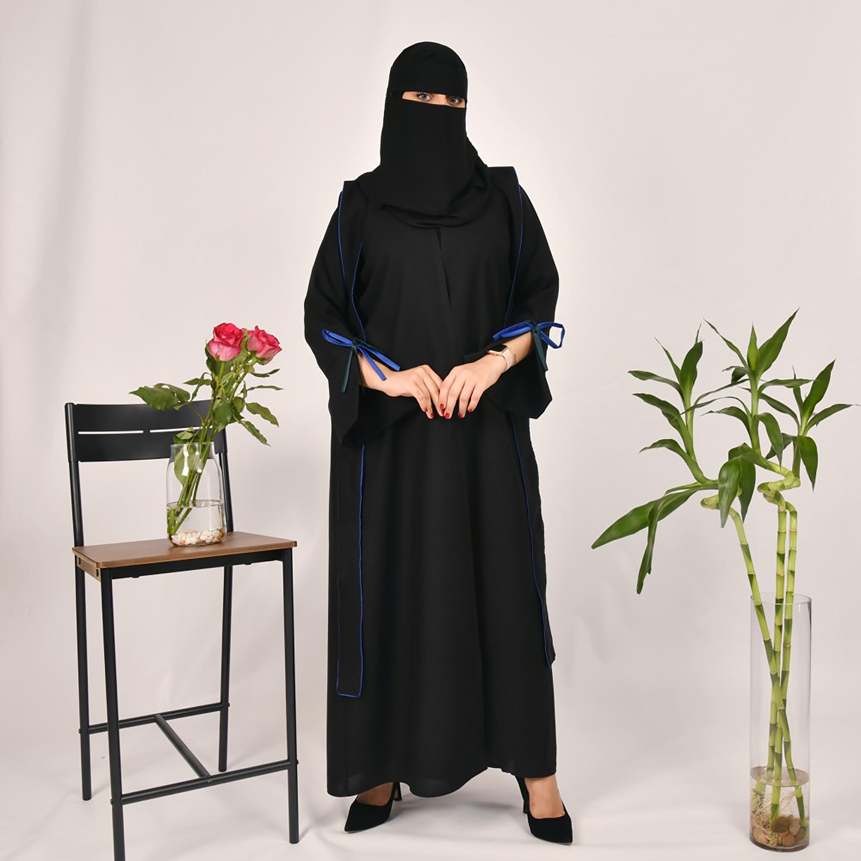 Lamha Stripes Slit Detailed Sleeves Abaya with Hijab-women-arabicclothing-abayas-image-1