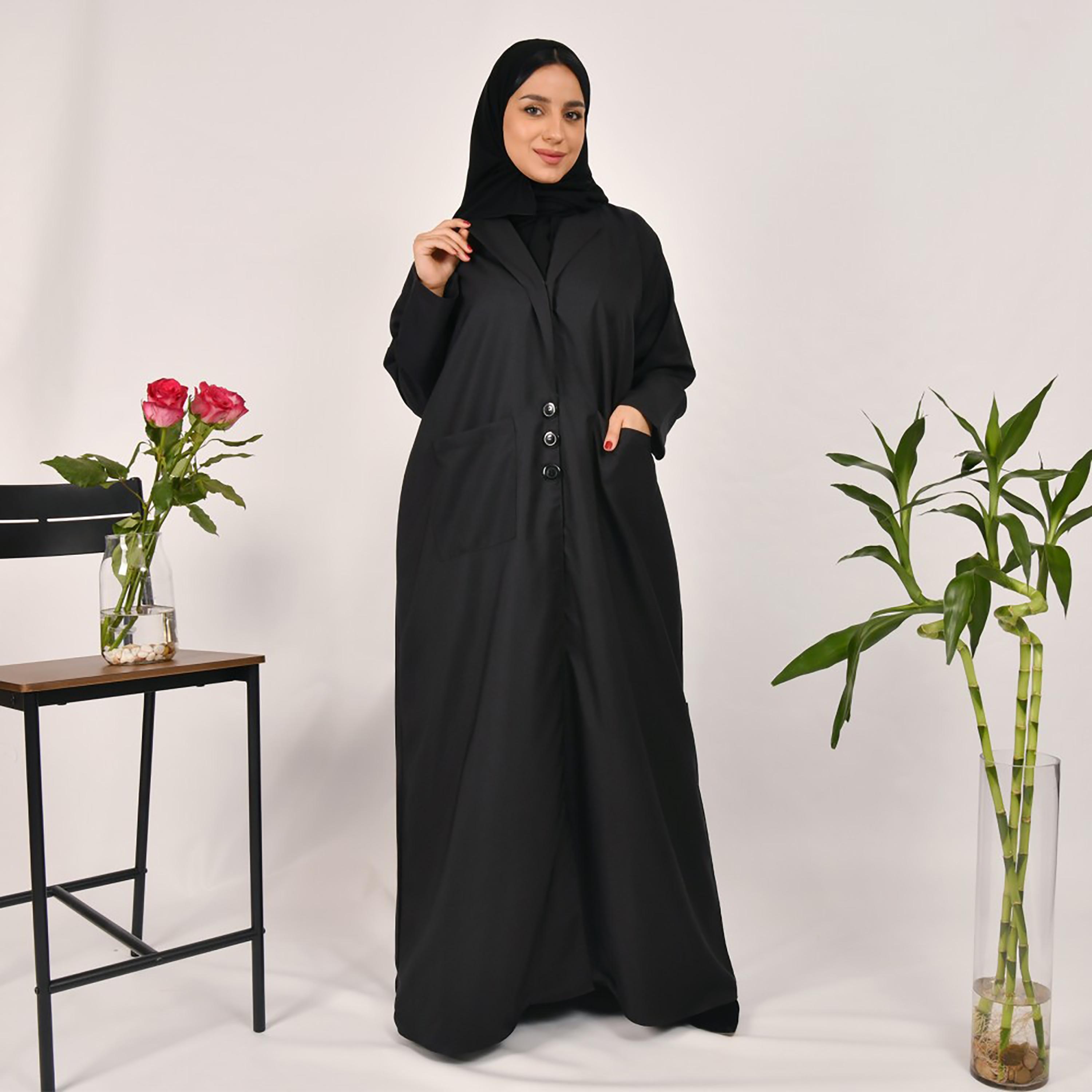 Lamha Plain Front Patch Pocket Coat Style Abaya with Hijab-women-arabicclothing-abayas-image-1