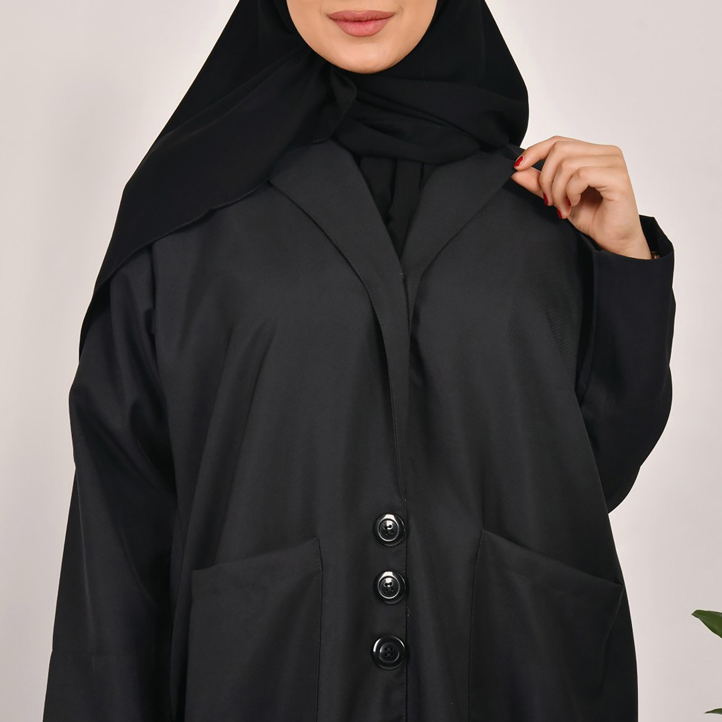 Lamha Plain Front Patch Pocket Coat Style Abaya with Hijab-women-arabicclothing-abayas-image-3