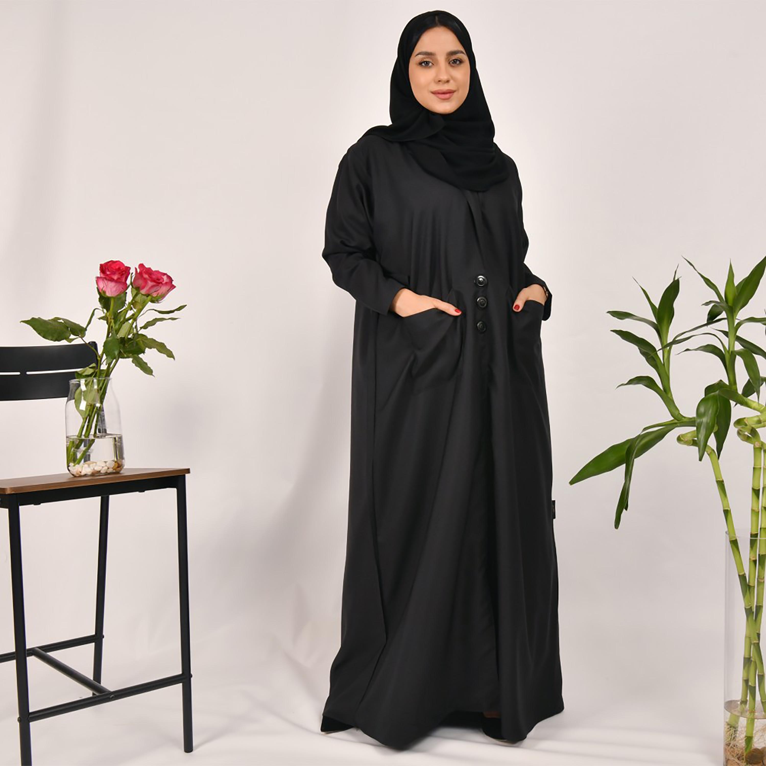 Lamha Plain Front Patch Pocket Coat Style Abaya with Hijab-women-arabicclothing-abayas-image-4