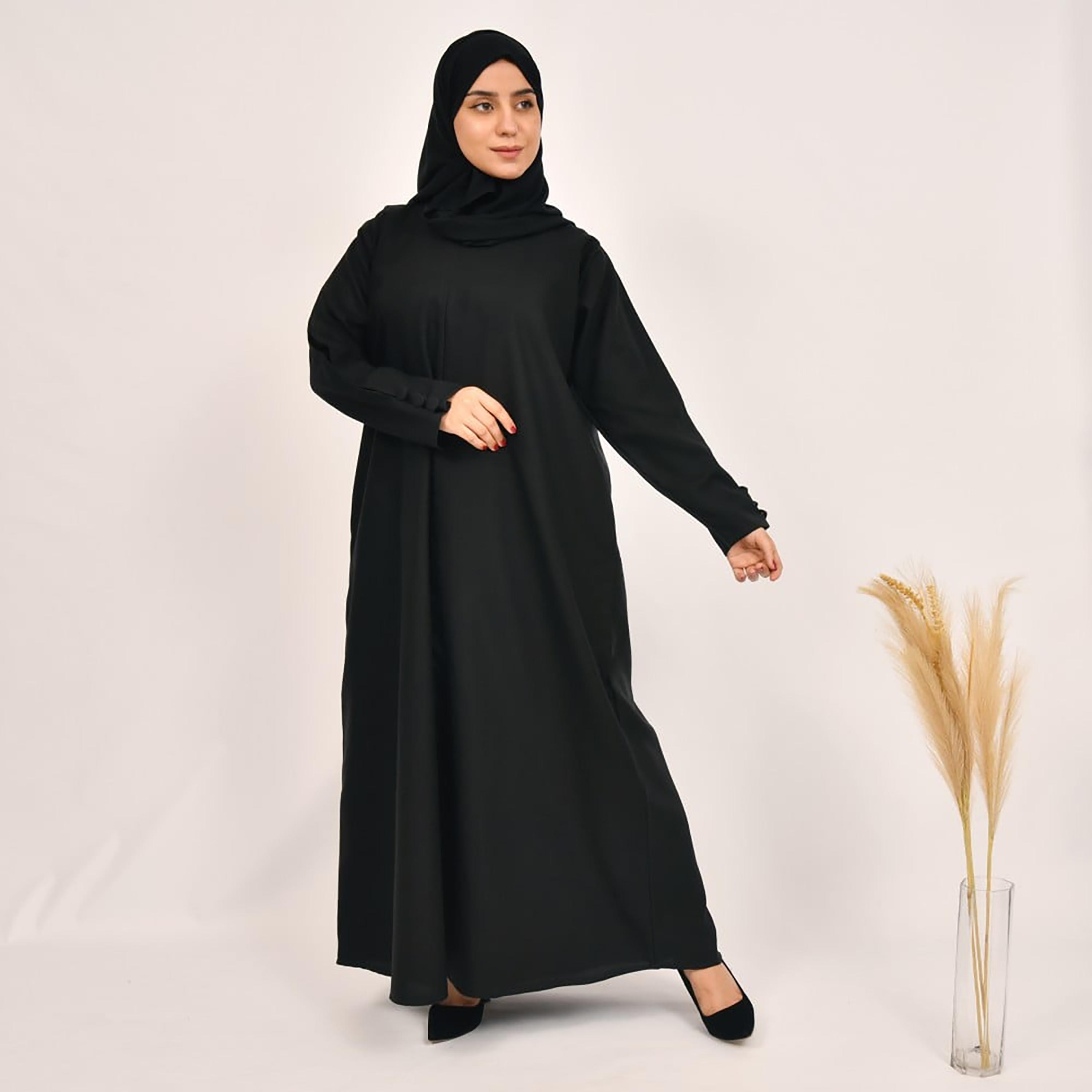 Lamha Plain Buttoned Detailed Sleeves Abaya with Hijab-women-arabicclothing-abayas-image-1