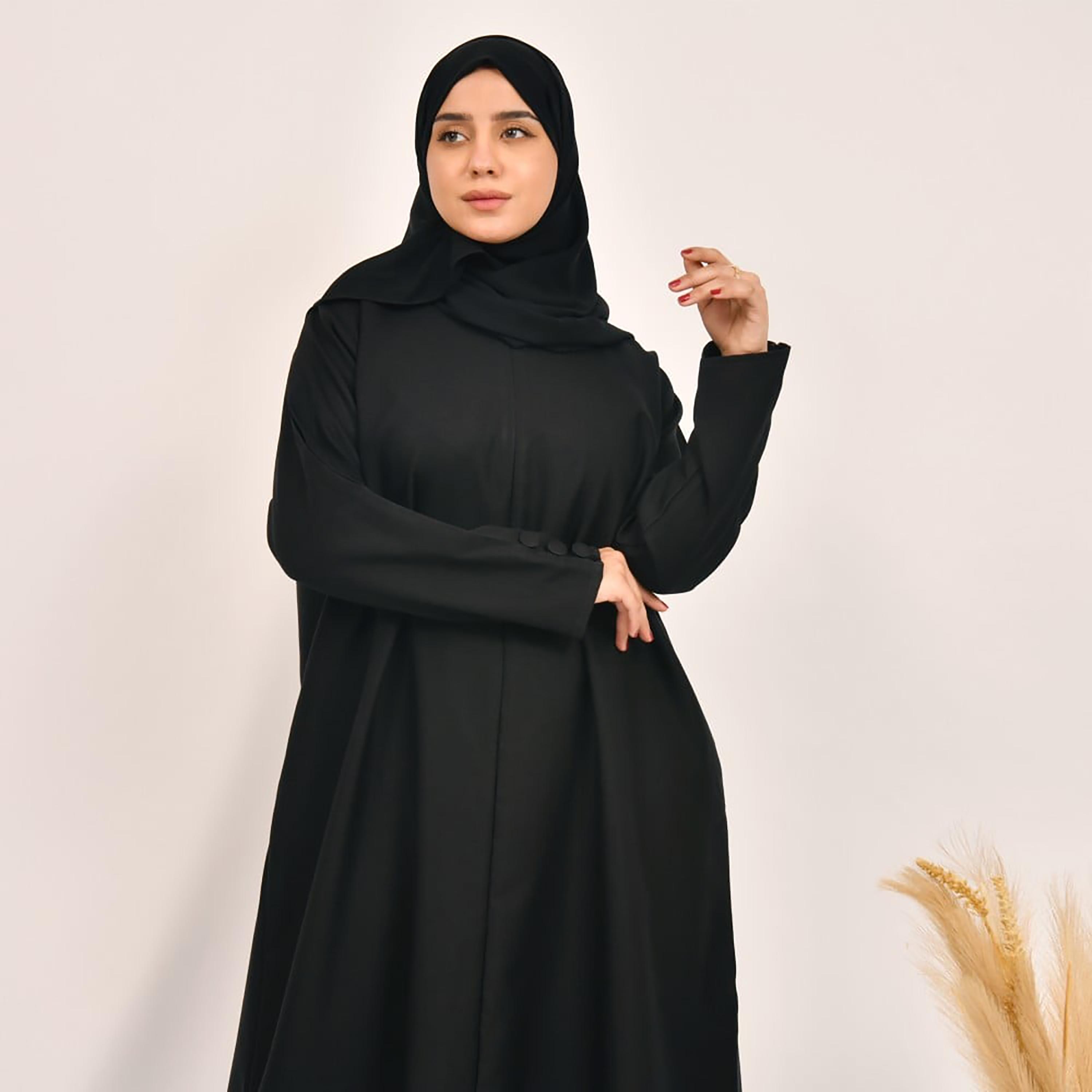Lamha Plain Buttoned Detailed Sleeves Abaya with Hijab-women-arabicclothing-abayas-image-2