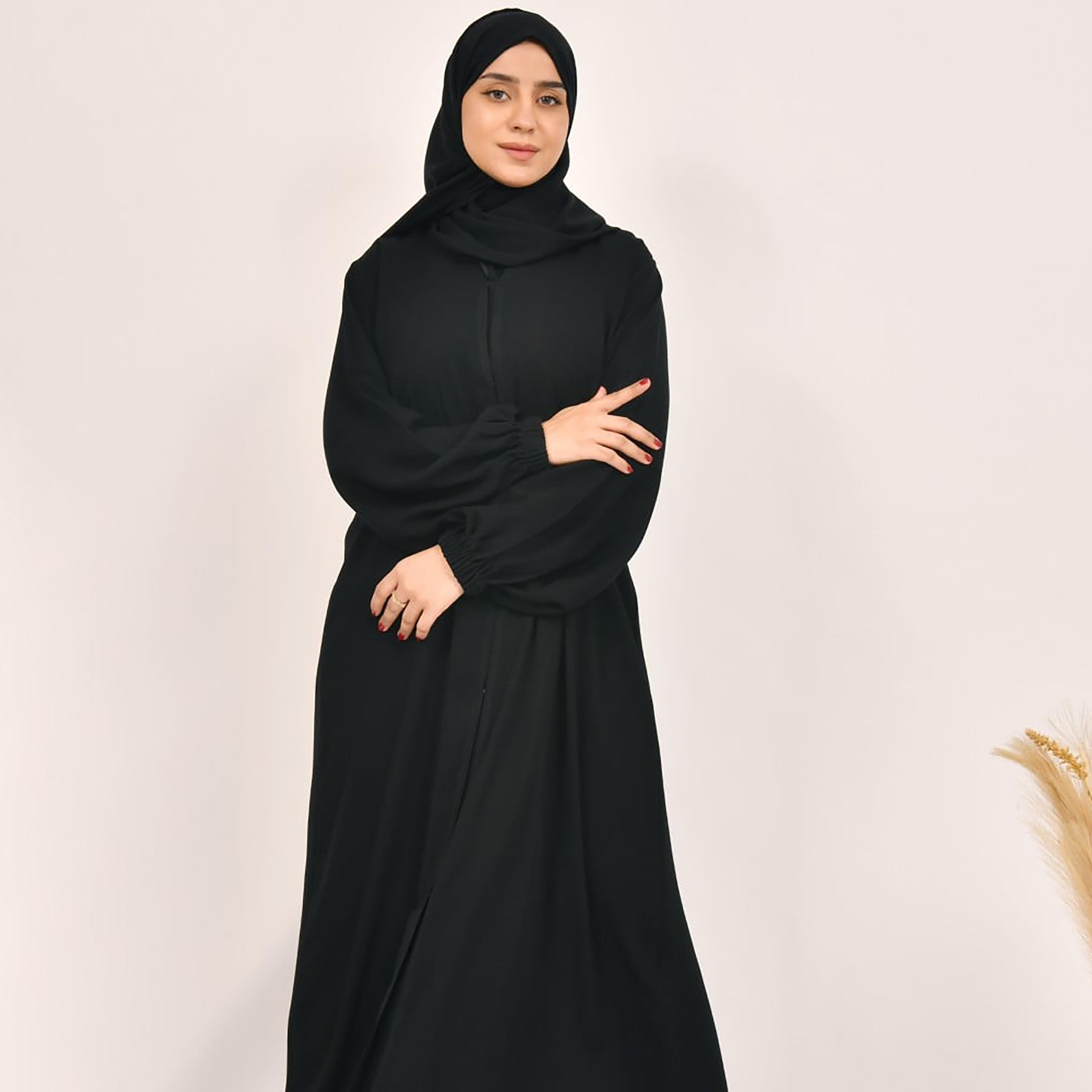 Lamha Plain Hook and Eye Closure Abaya with Hijab-women-arabicclothing-abayas-image-4