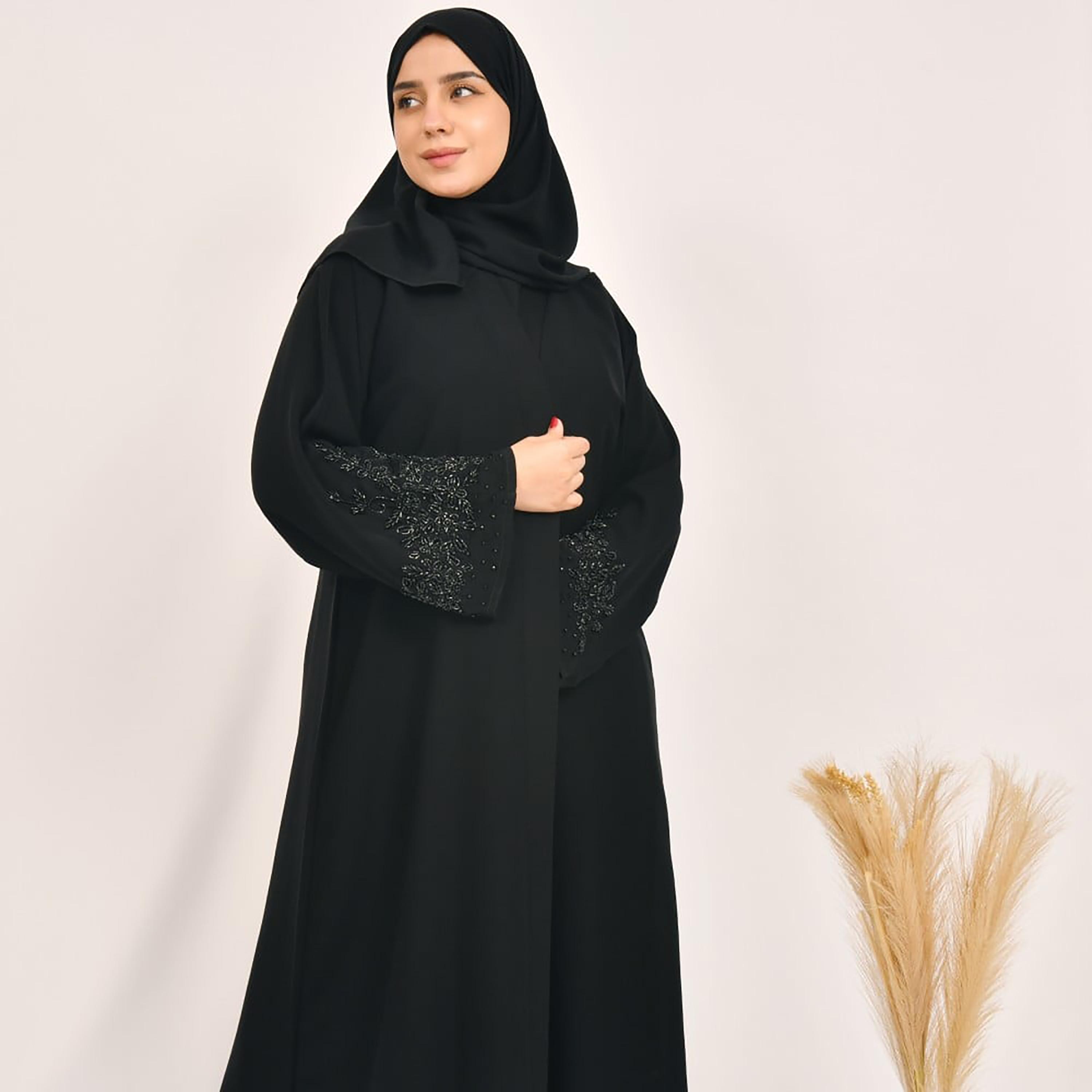Lamha Plain Embroidered Detailed Sleeves Abaya with Hijab-women-arabicclothing-abayas-image-4