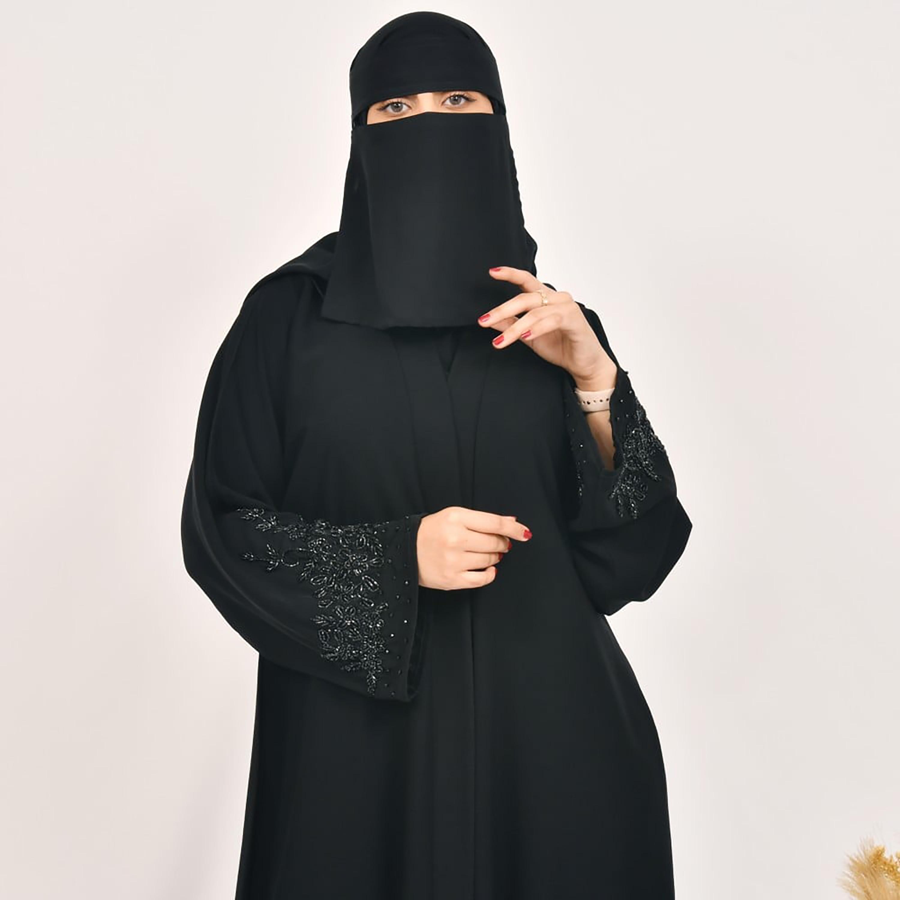 Lamha Plain Embroidered Detailed Sleeves Abaya with Hijab-women-arabicclothing-abayas-image-5
