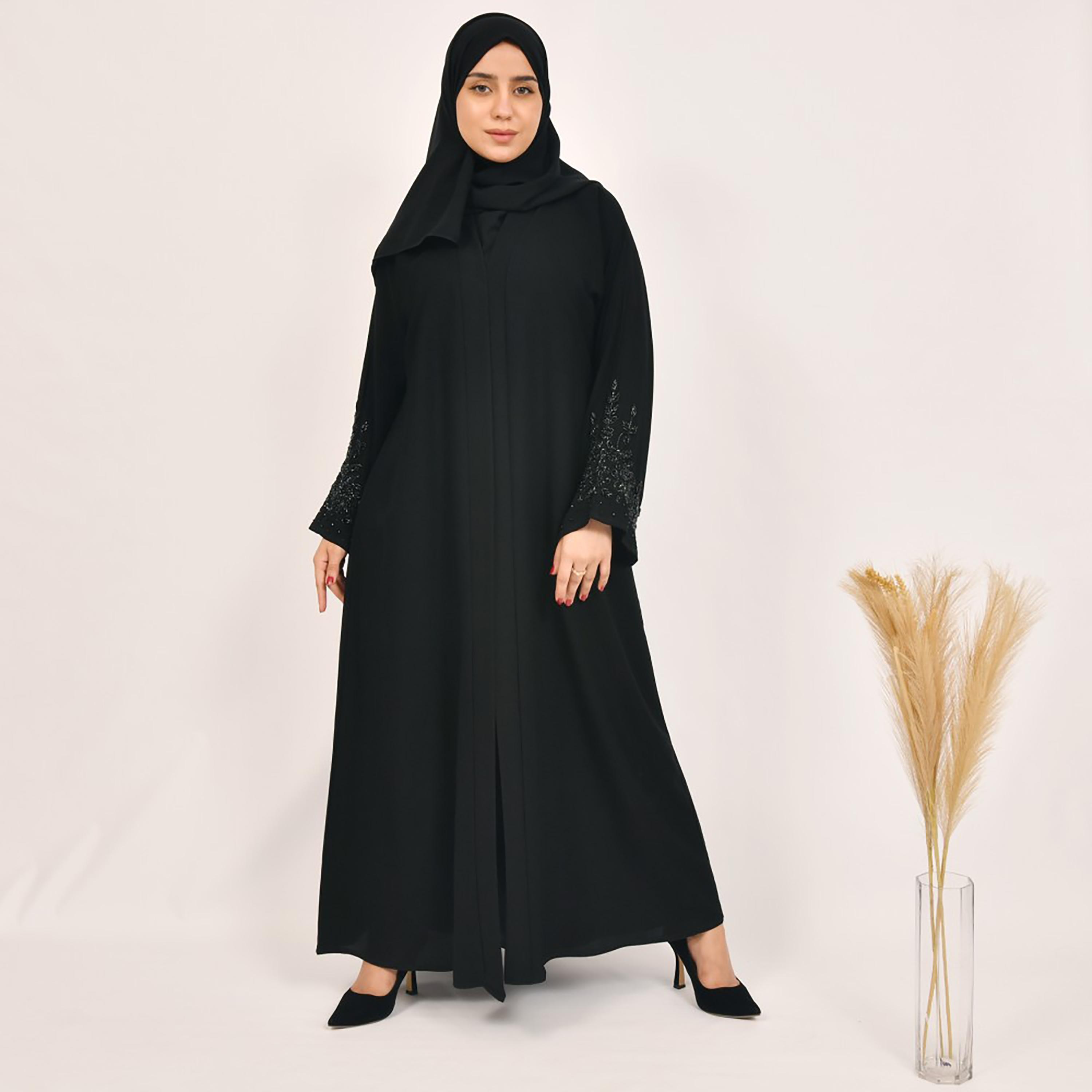 Lamha Plain Embroidered Detailed Sleeves Abaya with Hijab-women-arabicclothing-abayas-image-1