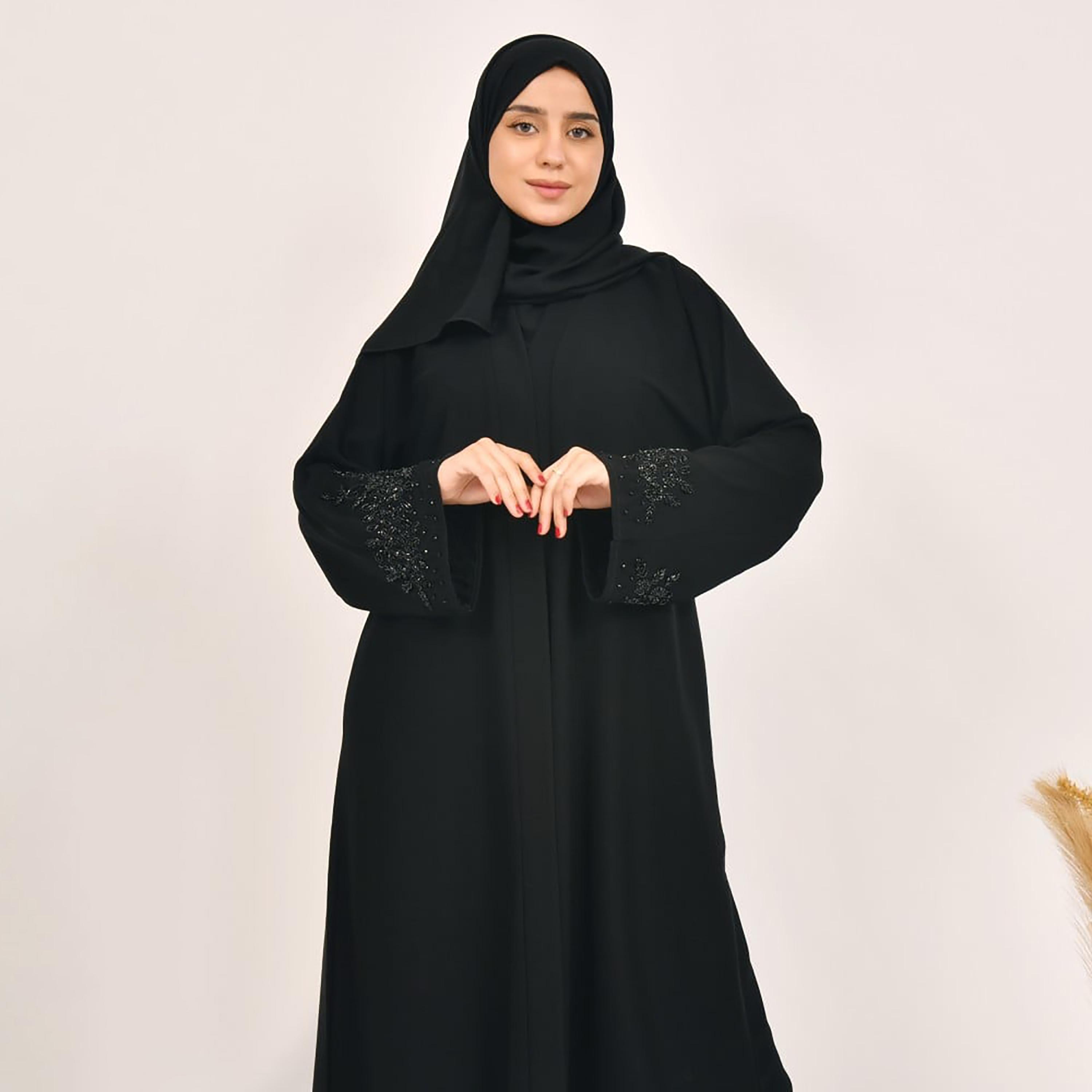 Lamha Plain Embroidered Detailed Sleeves Abaya with Hijab-women-arabicclothing-abayas-image-2