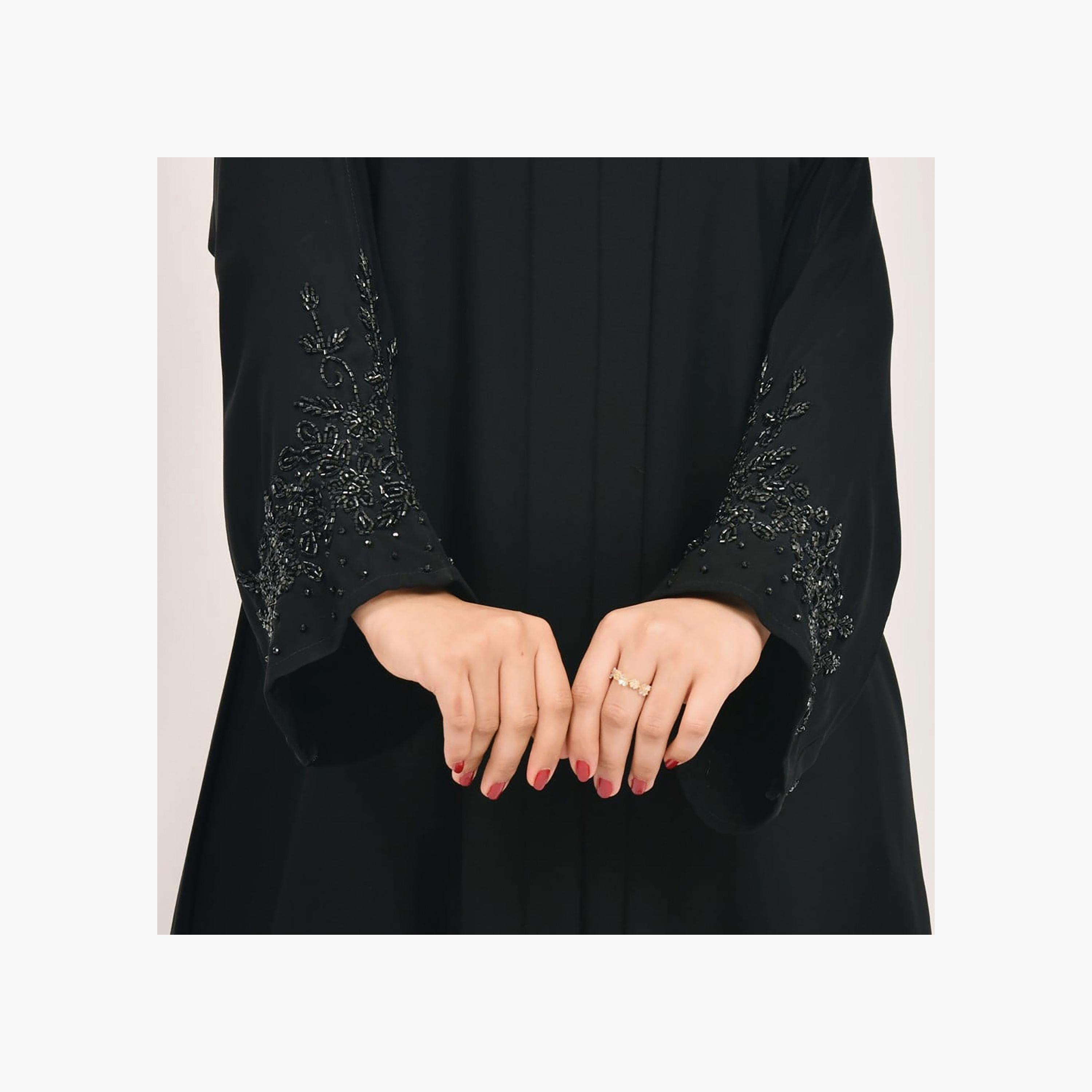 Lamha Plain Embroidered Detailed Sleeves Abaya with Hijab-women-arabicclothing-abayas-image-3