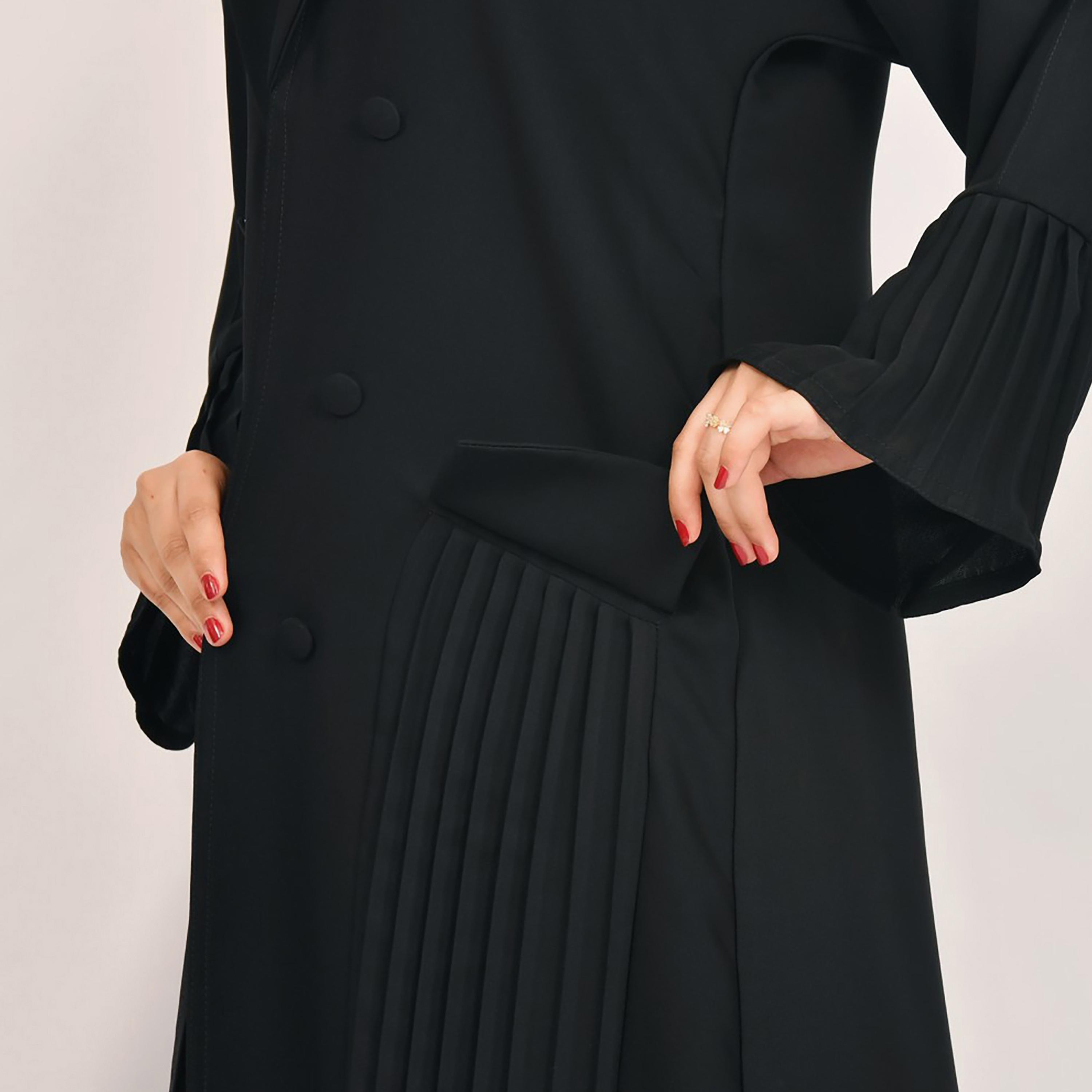 Lamha Pleated Front Flap Pocket Coat Style Abaya with Hijab-women-arabicclothing-abayas-image-3