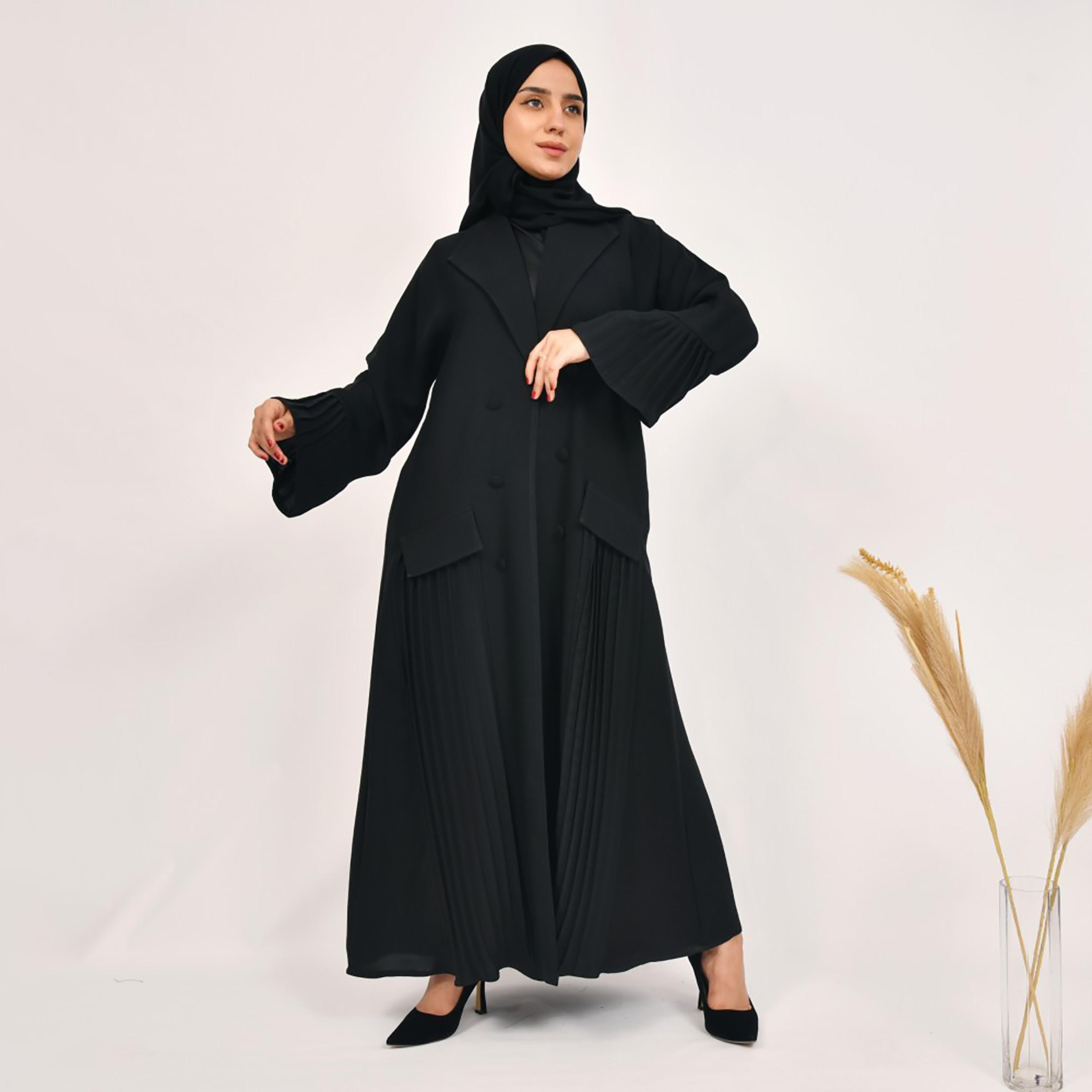 Lamha Pleated Front Flap Pocket Coat Style Abaya with Hijab-women-arabicclothing-abayas-image-1