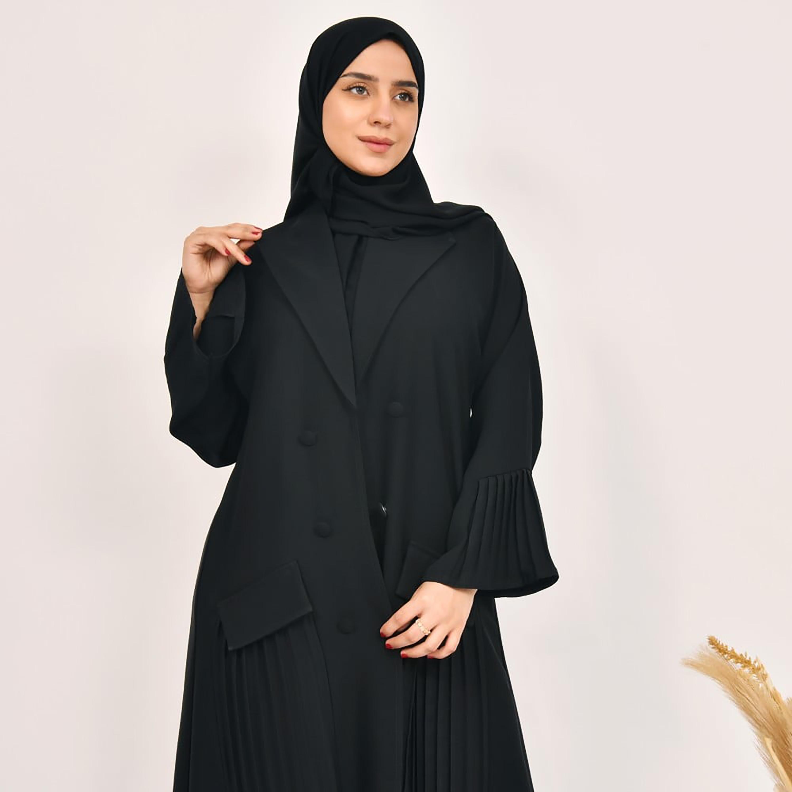 Lamha Pleated Front Flap Pocket Coat Style Abaya with Hijab-women-arabicclothing-abayas-image-2
