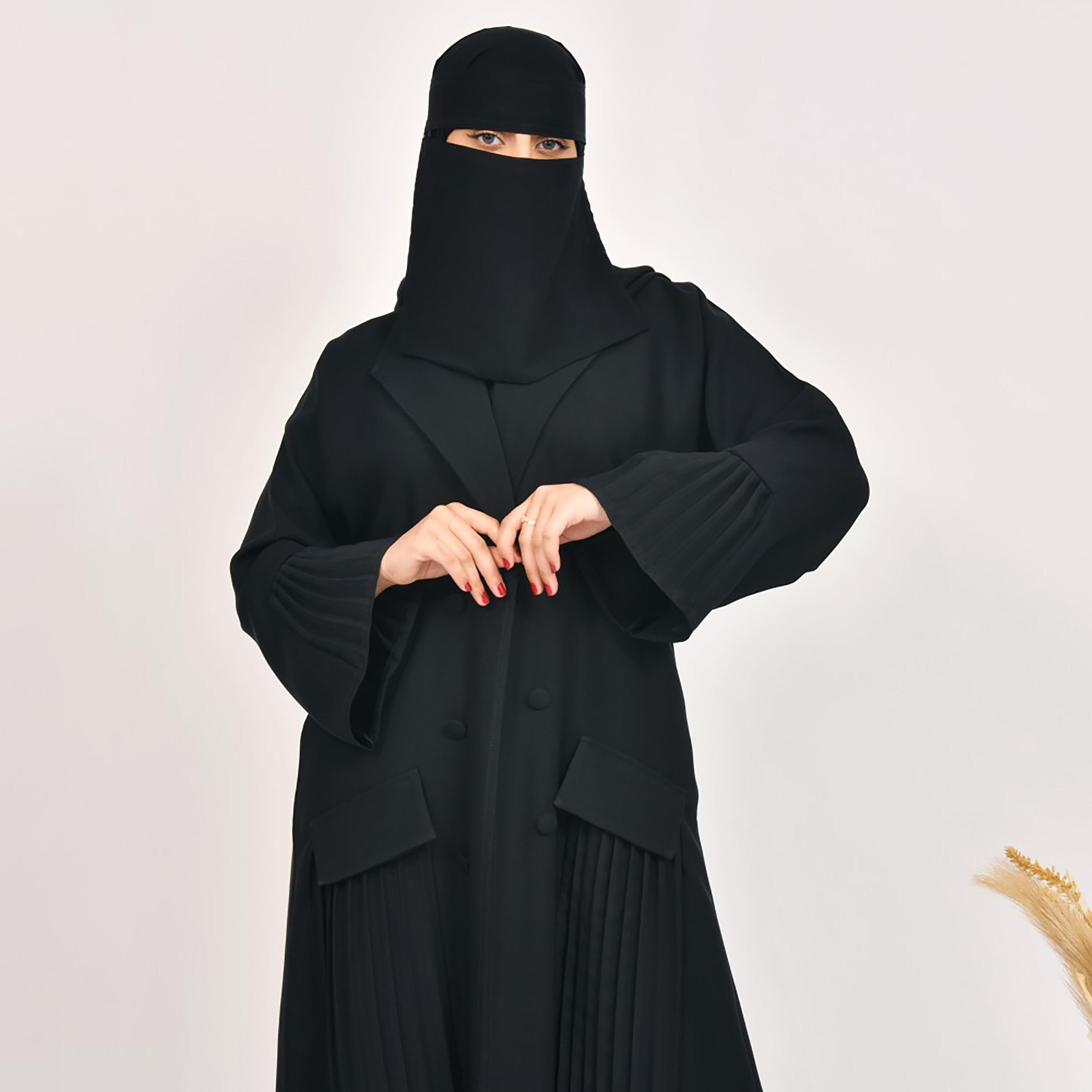 Lamha Pleated Front Flap Pocket Coat Style Abaya with Hijab-women-arabicclothing-abayas-image-5