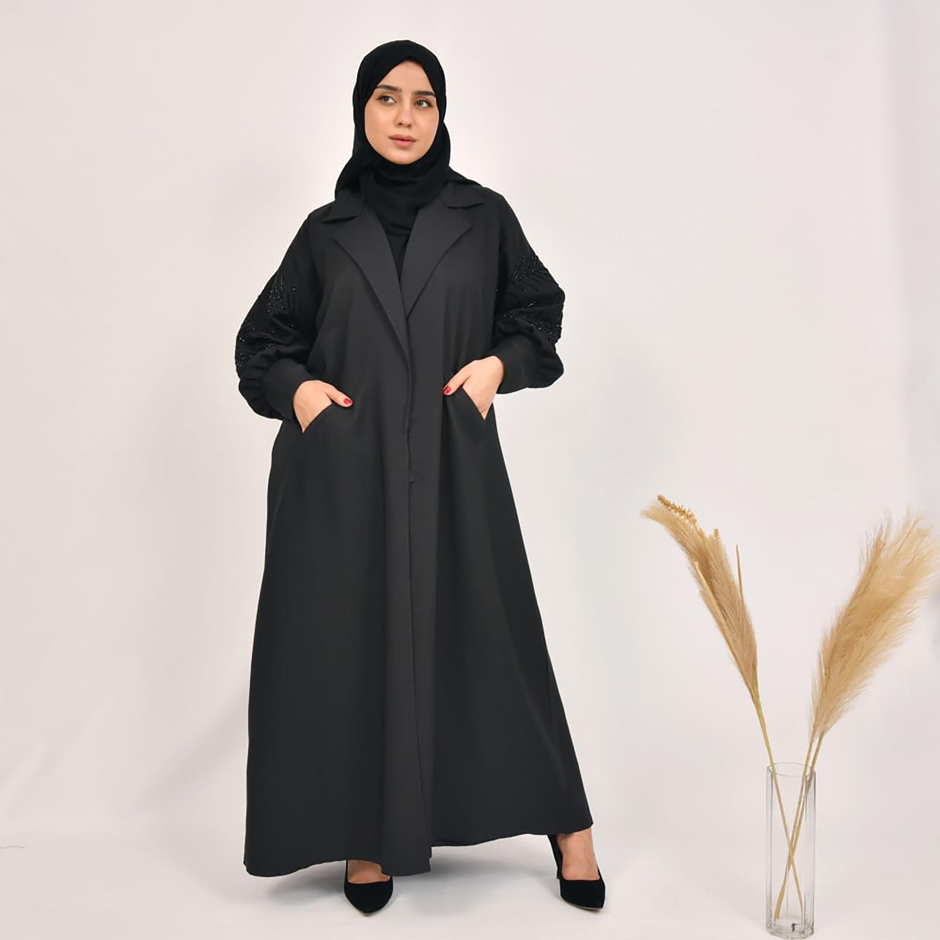 Lamha Plain Beaded Detailed Sleeves Coat Style Abaya with Hijab-women-arabicclothing-abayas-image-1