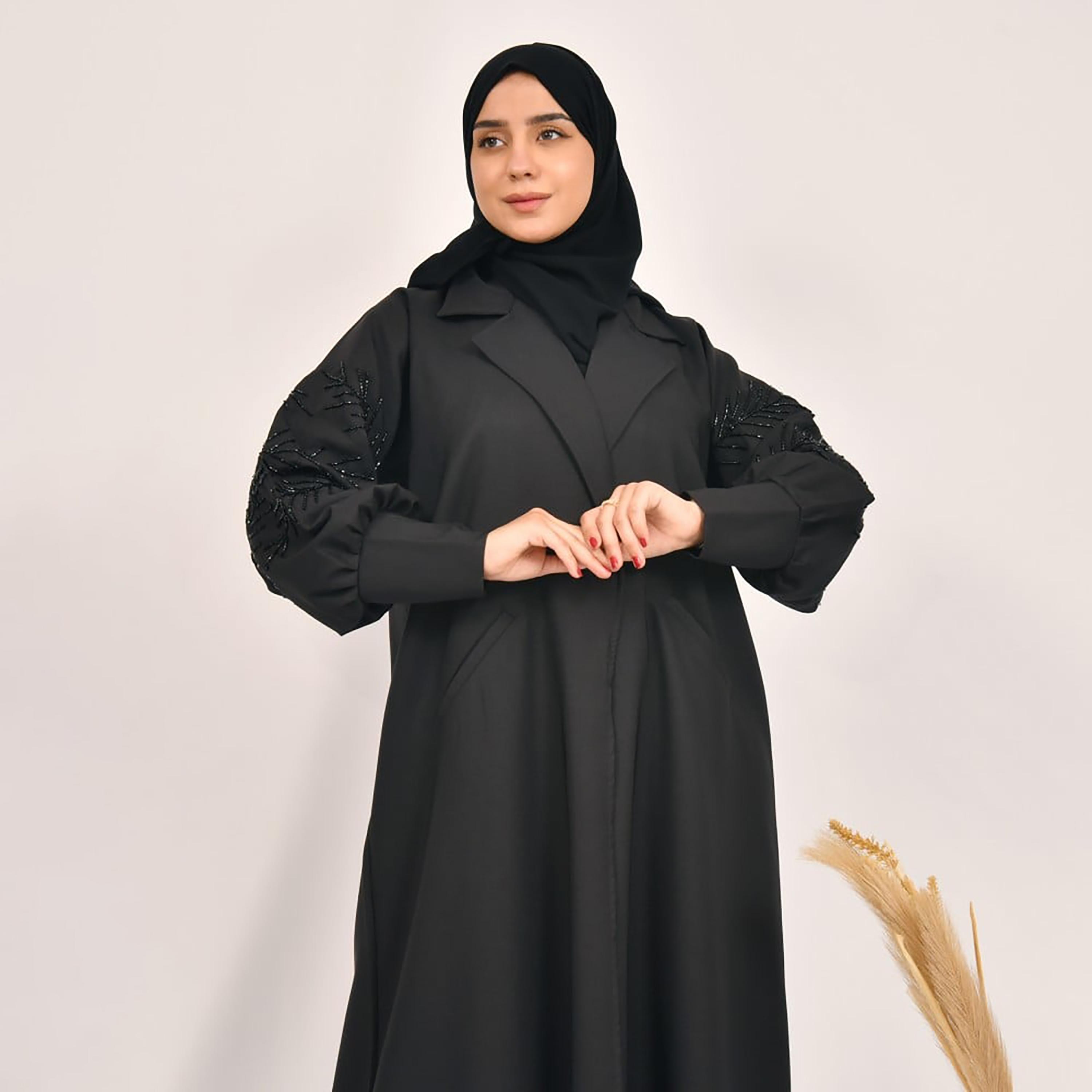Lamha Plain Beaded Detailed Sleeves Coat Style Abaya with Hijab-women-arabicclothing-abayas-image-2