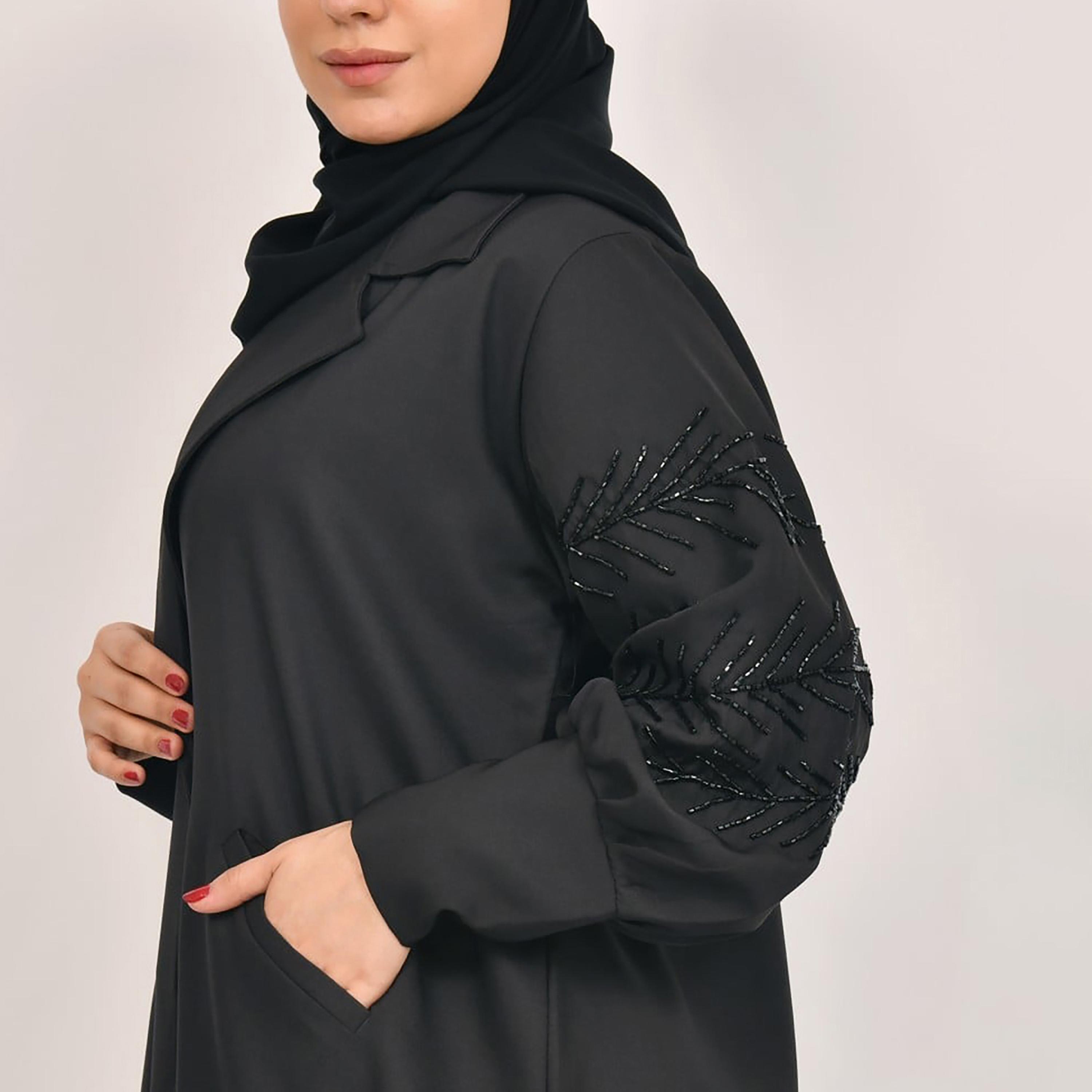 Lamha Plain Beaded Detailed Sleeves Coat Style Abaya with Hijab-women-arabicclothing-abayas-image-3