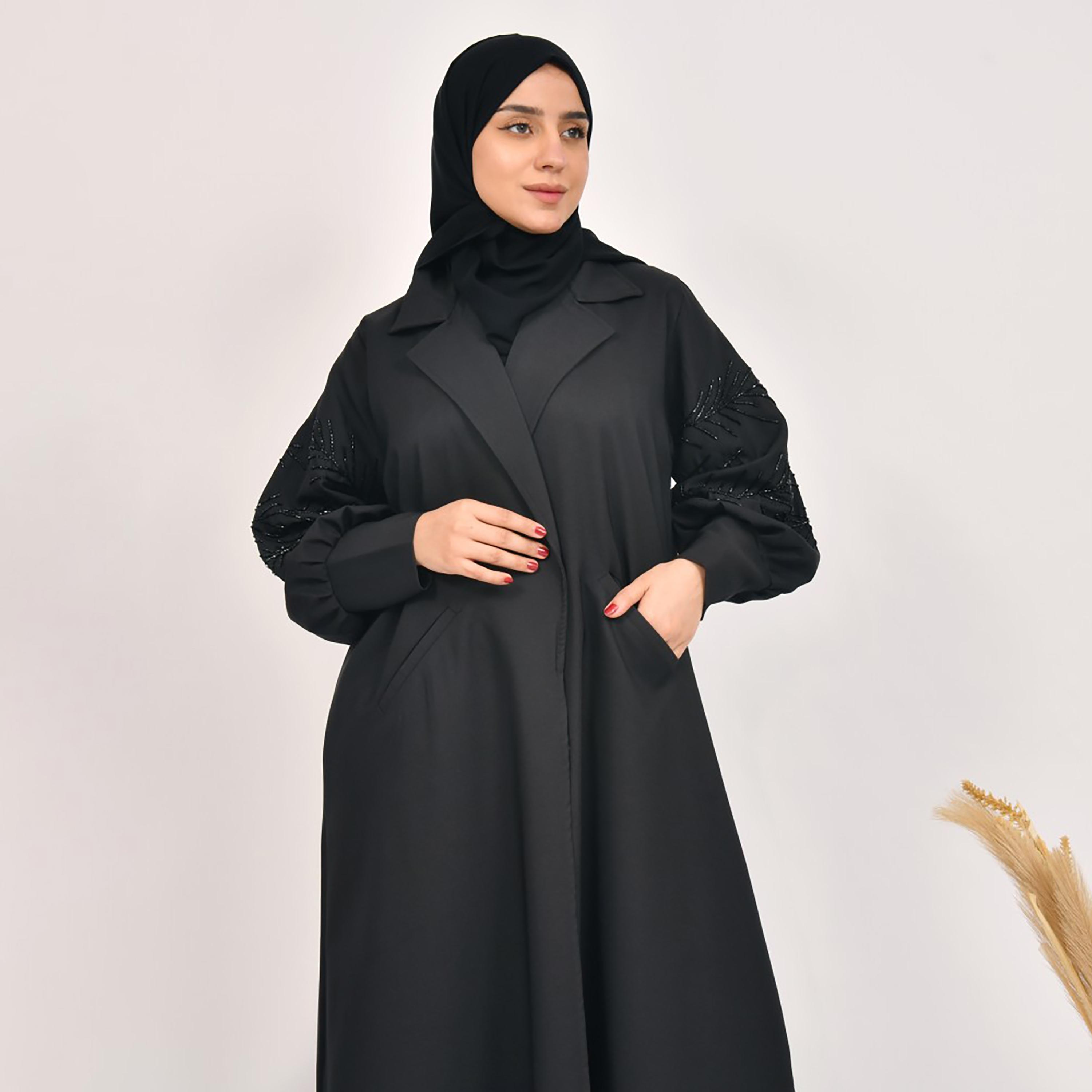 Lamha Plain Beaded Detailed Sleeves Coat Style Abaya with Hijab-women-arabicclothing-abayas-image-4