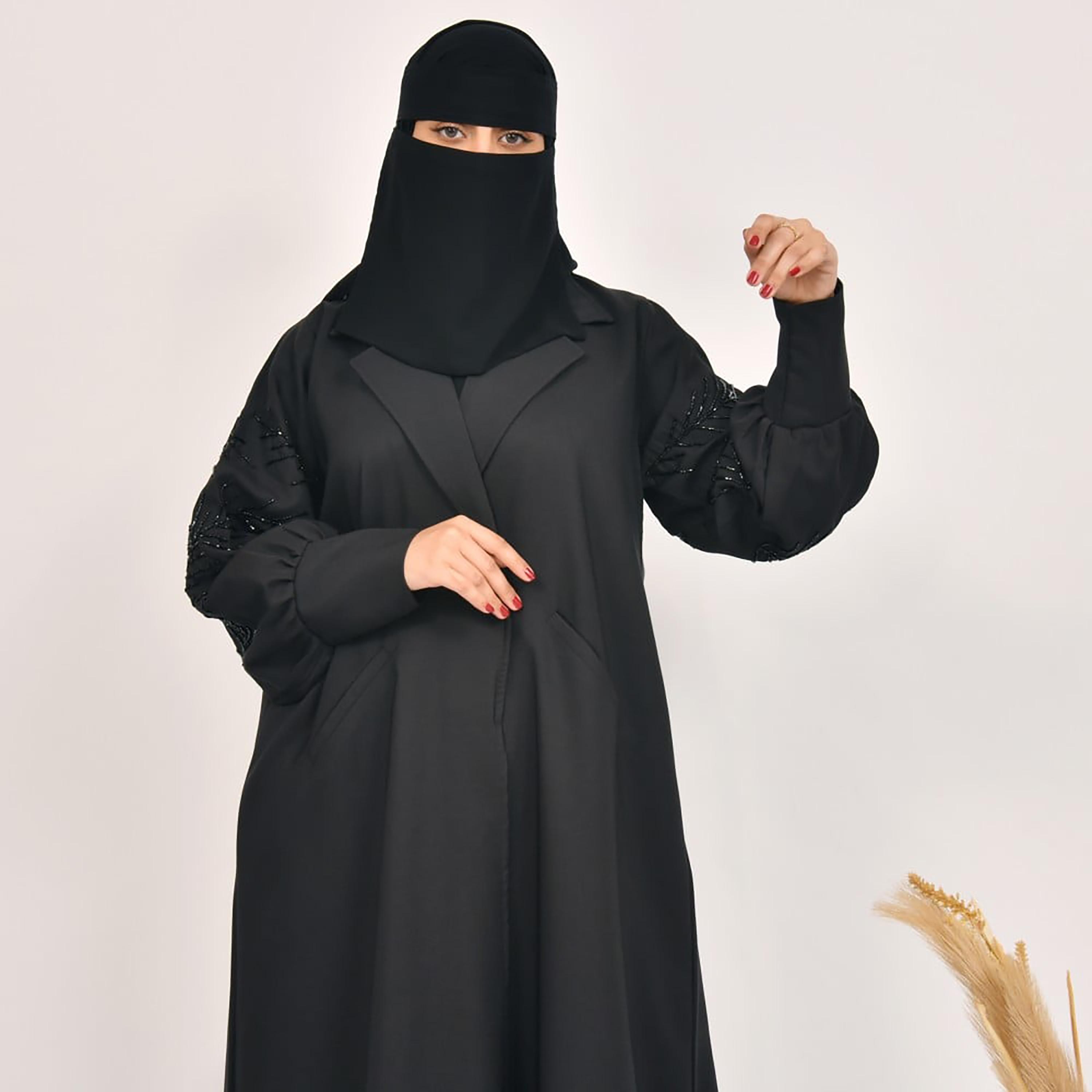 Lamha Plain Beaded Detailed Sleeves Coat Style Abaya with Hijab-women-arabicclothing-abayas-image-5