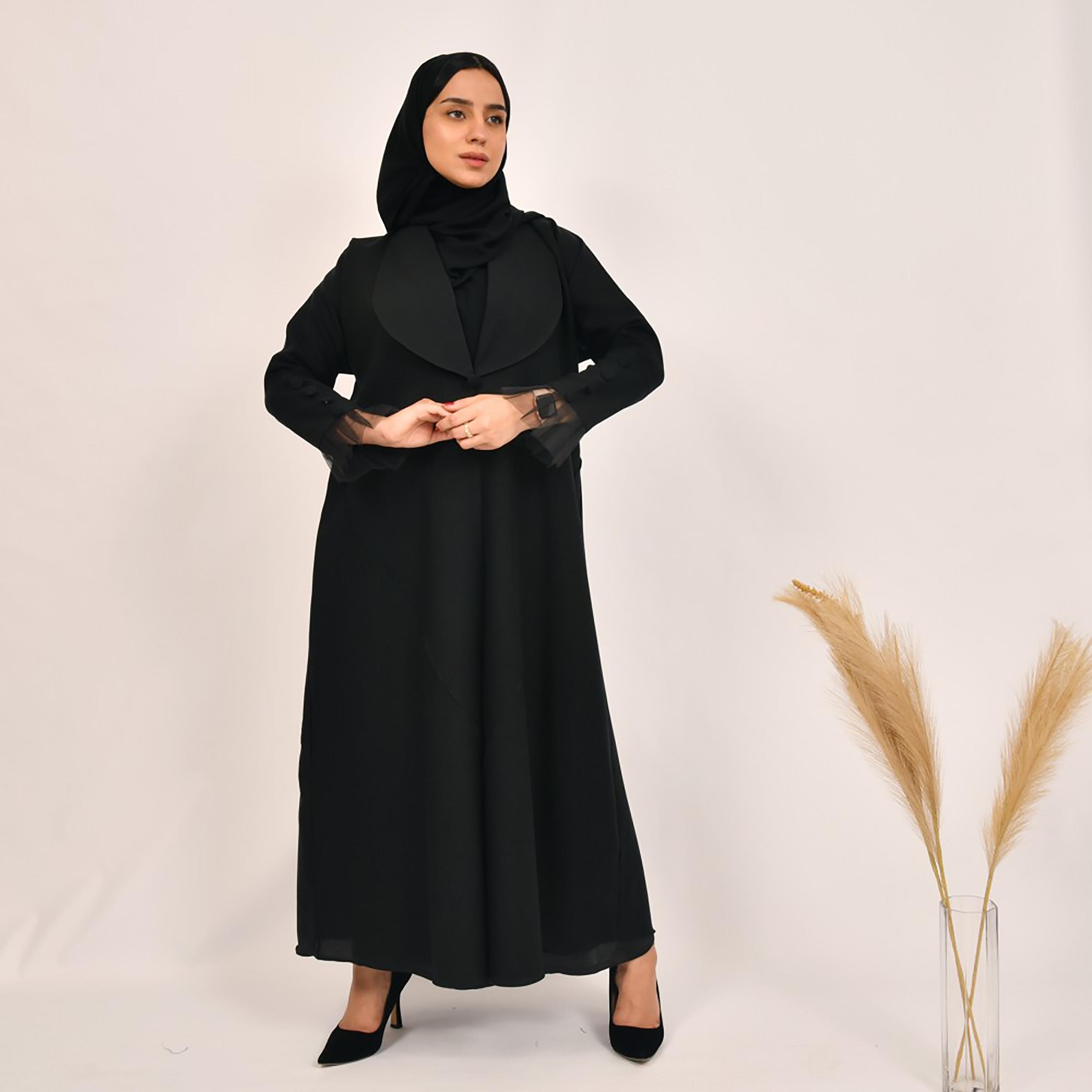 Lamha Plain Buttons & Lace Detailed Sleeves Abaya with Hijab-women-arabicclothing-abayas-image-1