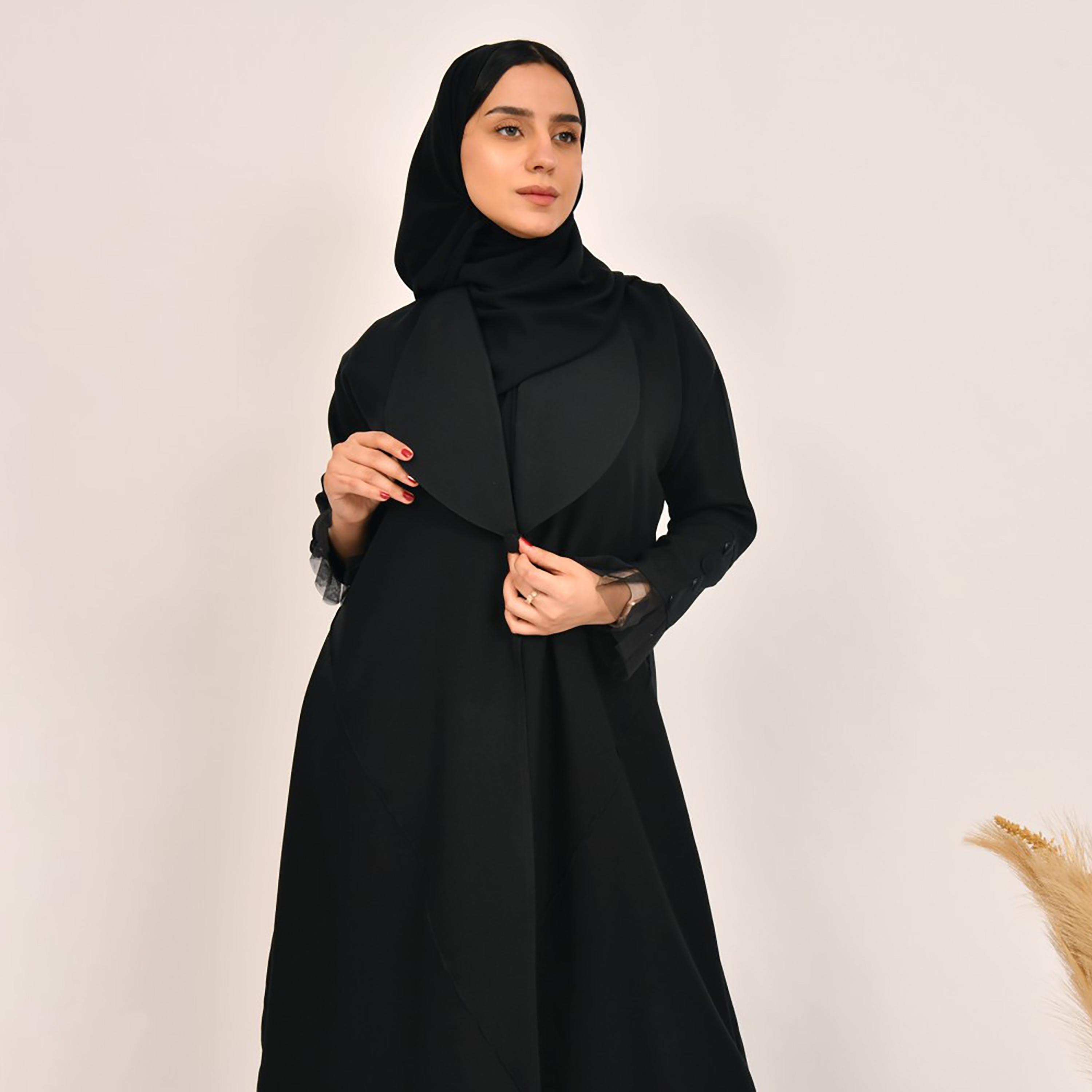 Lamha Plain Buttons & Lace Detailed Sleeves Abaya with Hijab-women-arabicclothing-abayas-image-2