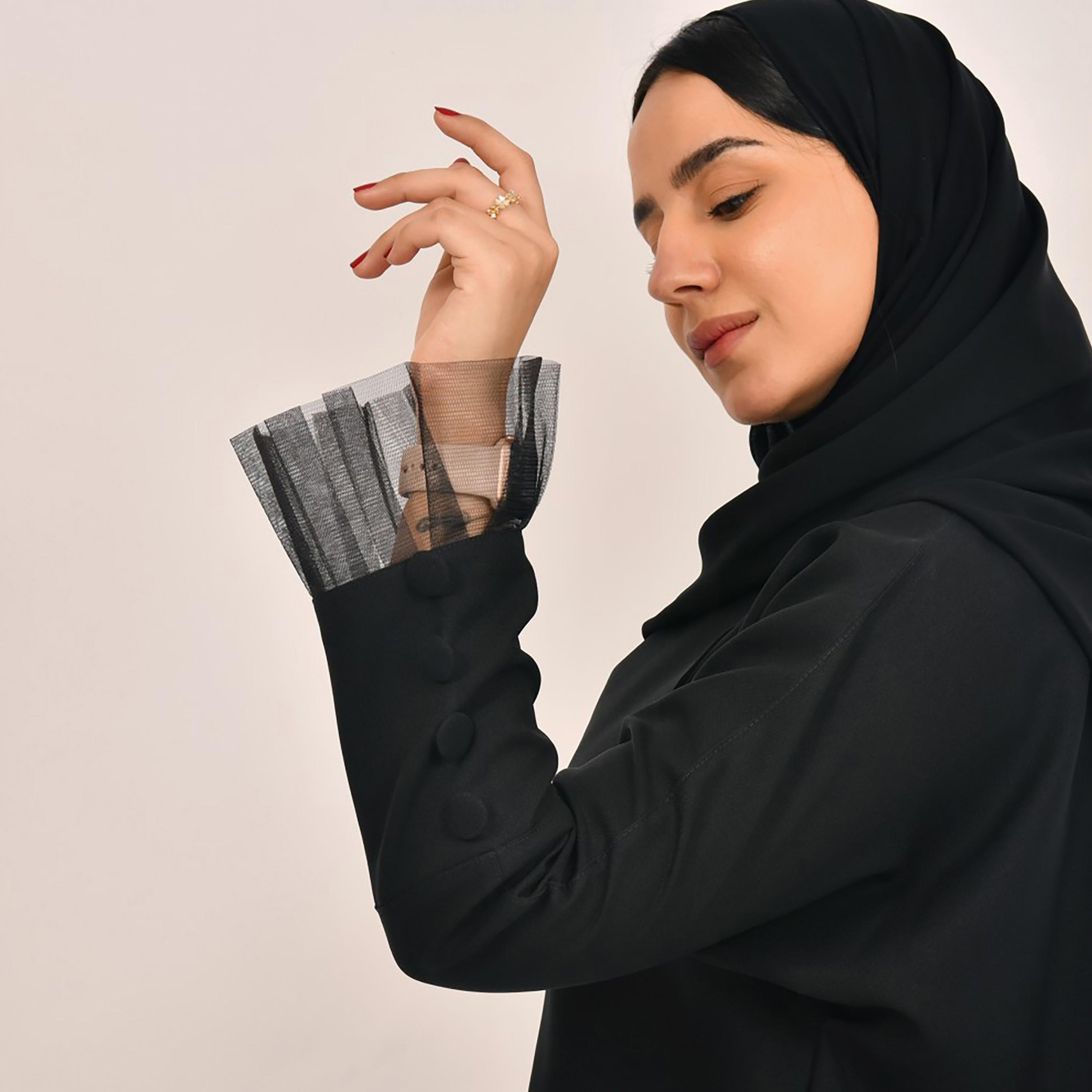 Lamha Plain Buttons & Lace Detailed Sleeves Abaya with Hijab-women-arabicclothing-abayas-image-3