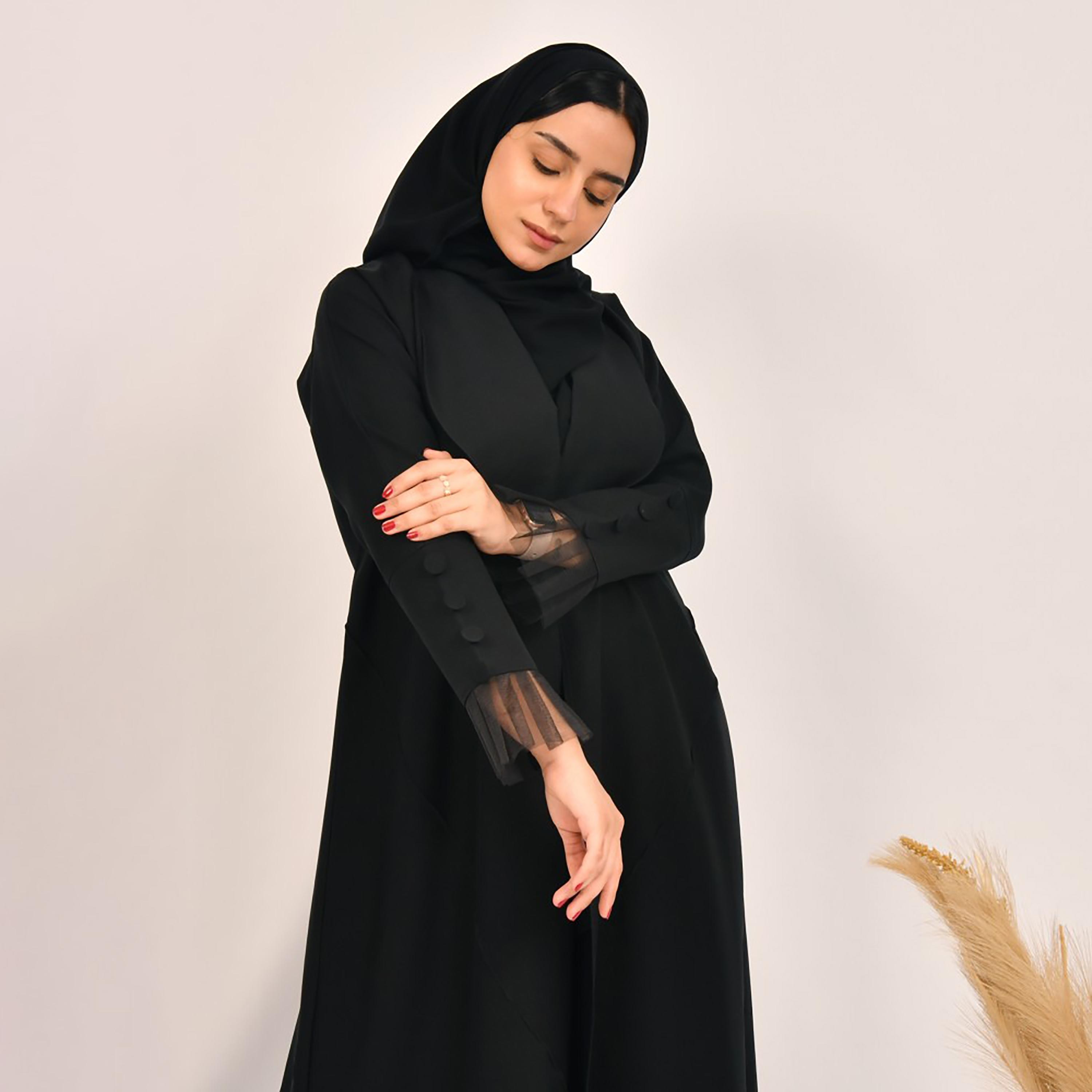 Lamha Plain Buttons & Lace Detailed Sleeves Abaya with Hijab-women-arabicclothing-abayas-image-4
