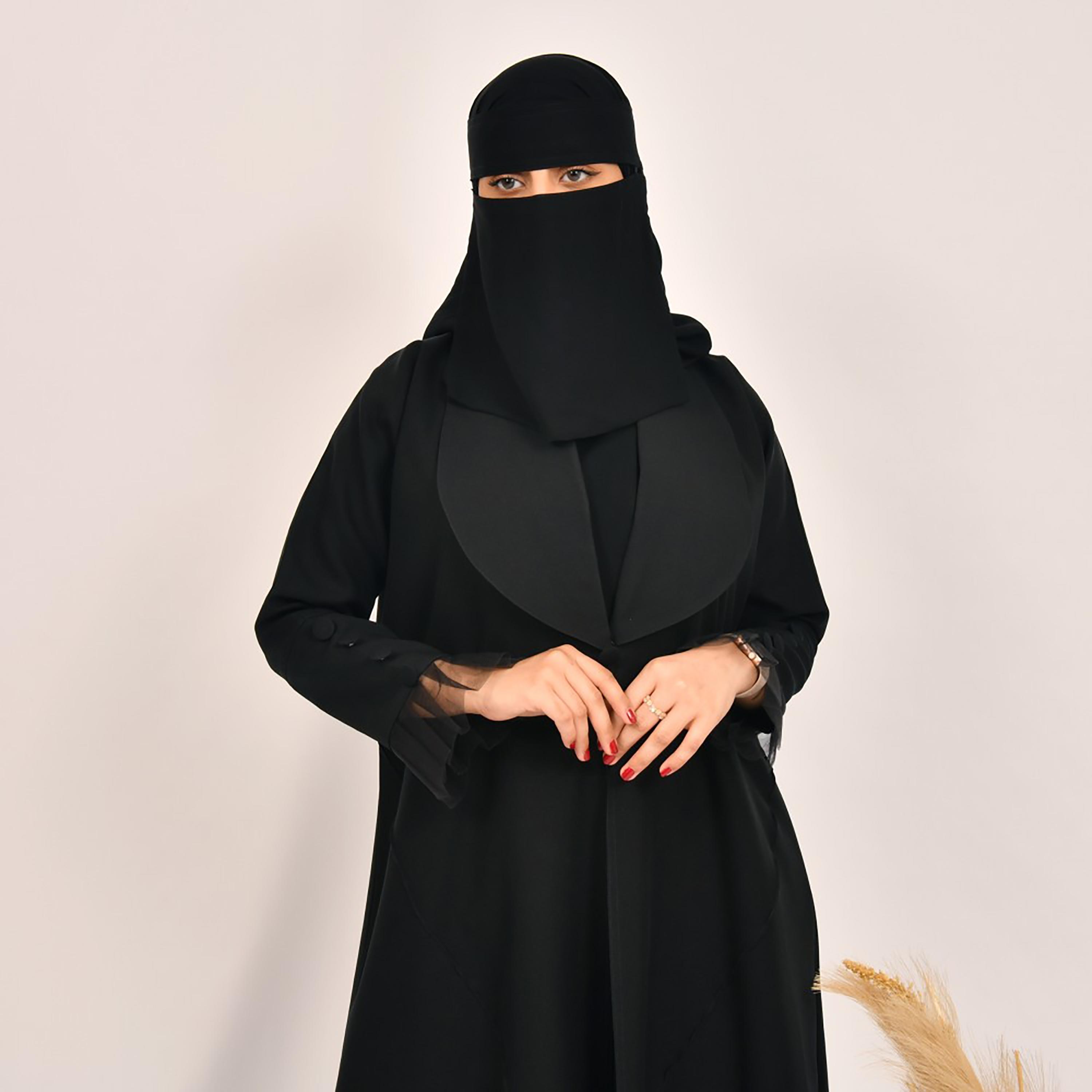 Lamha Plain Buttons & Lace Detailed Sleeves Abaya with Hijab-women-arabicclothing-abayas-image-5