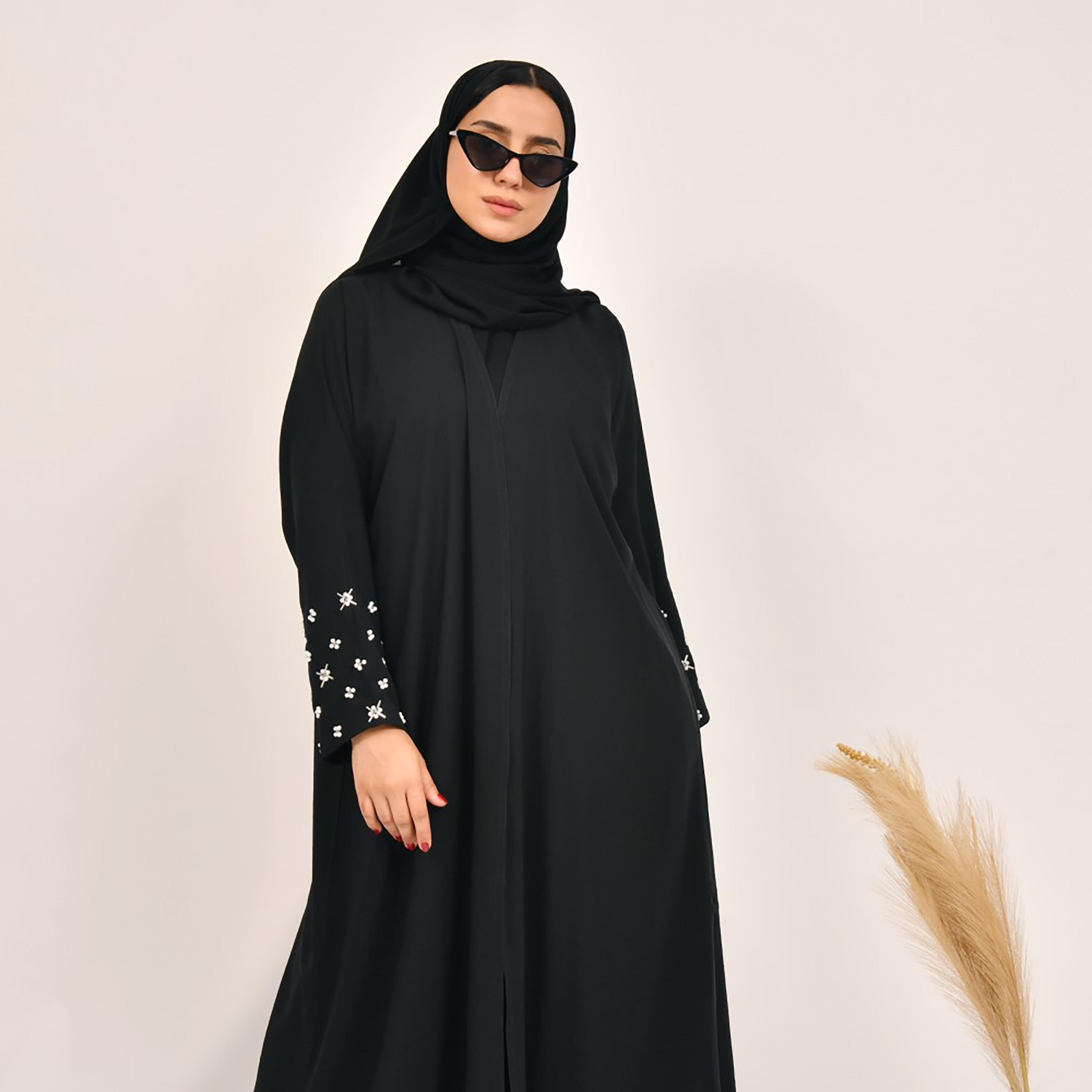 Lamha Plain Pearl Detailed Sleeves Abaya with Hijab-women-arabicclothing-abayas-image-4