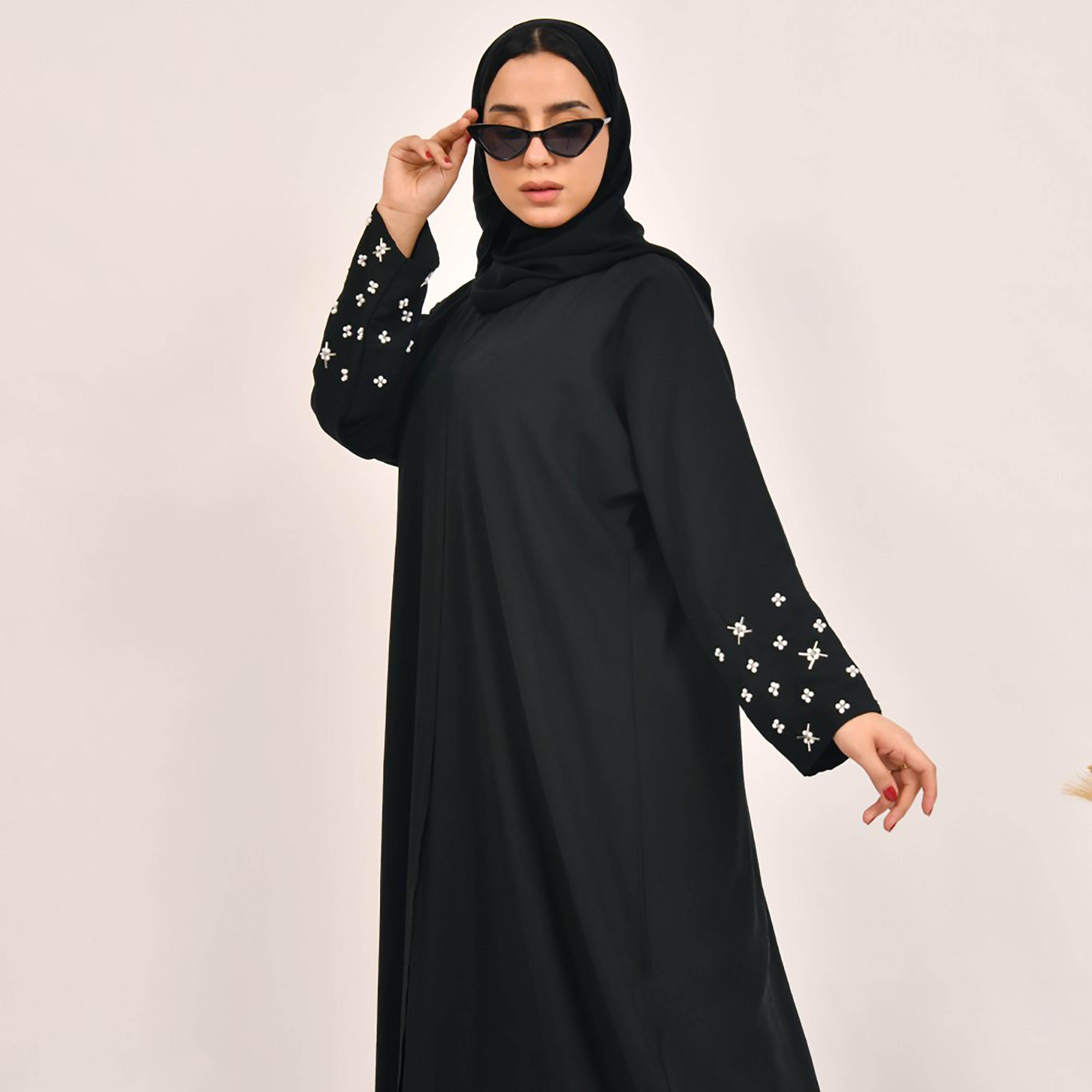 Lamha Plain Pearl Detailed Sleeves Abaya with Hijab-women-arabicclothing-abayas-image-5