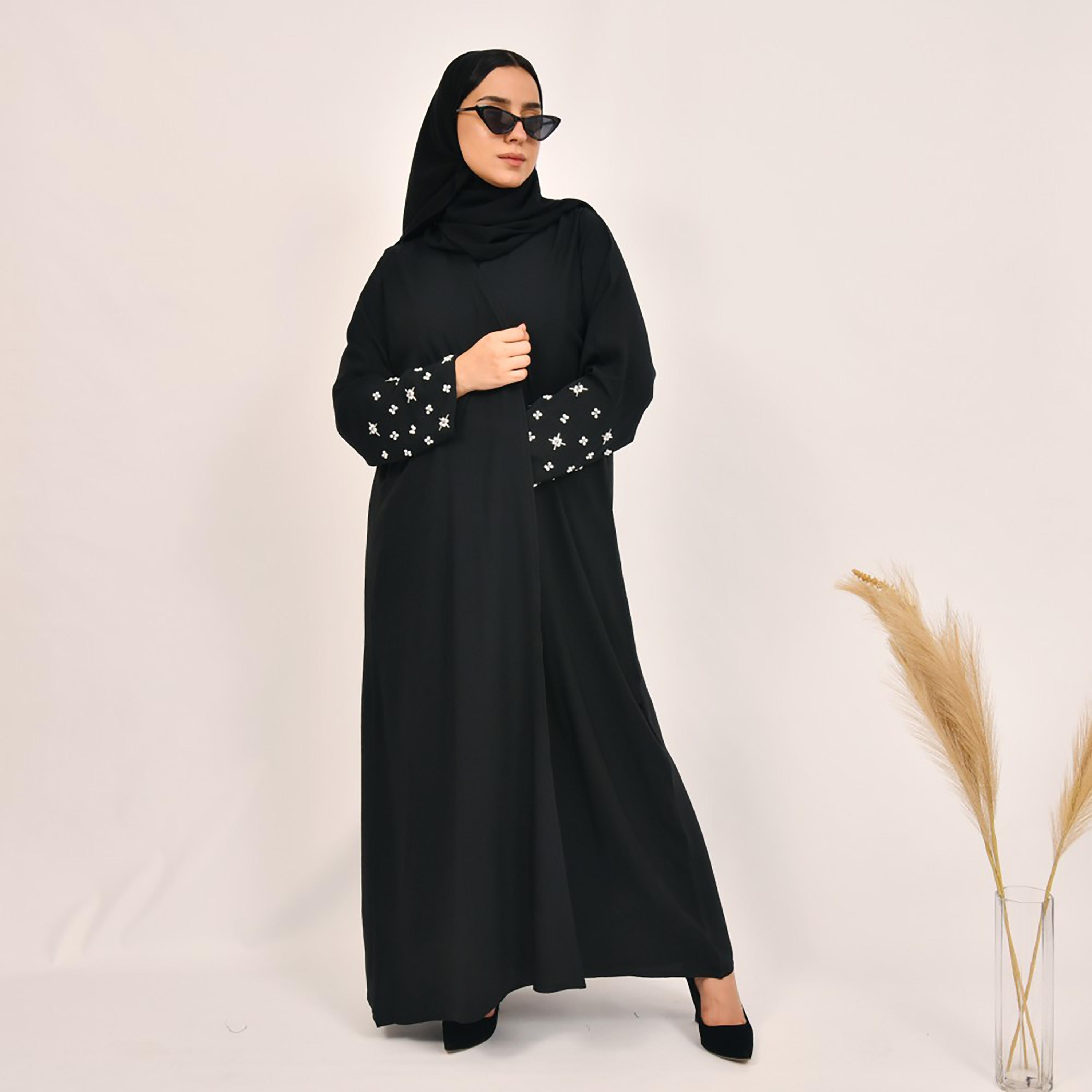 Lamha Plain Pearl Detailed Sleeves Abaya with Hijab-women-arabicclothing-abayas-image-1