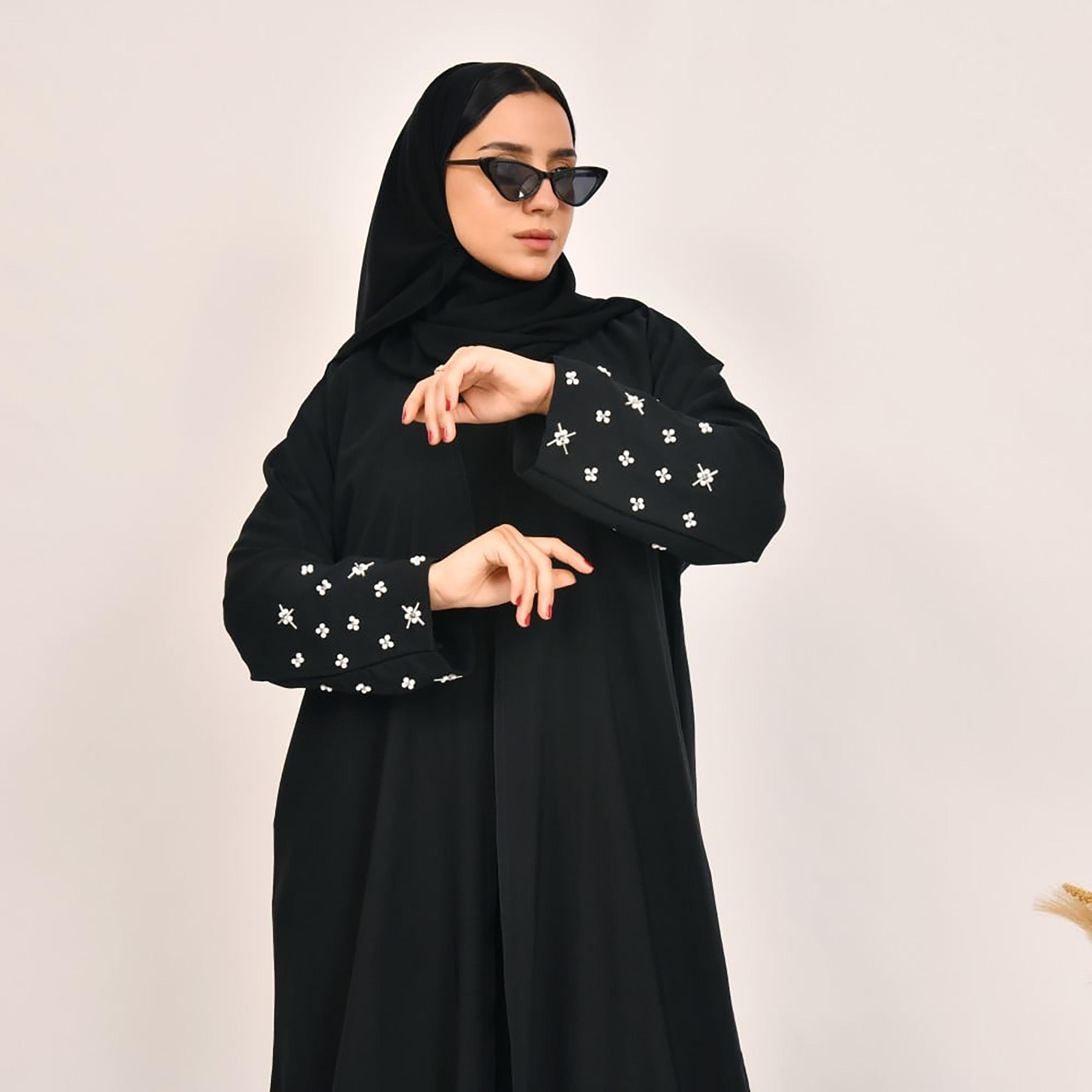 Lamha Plain Pearl Detailed Sleeves Abaya with Hijab-women-arabicclothing-abayas-image-2