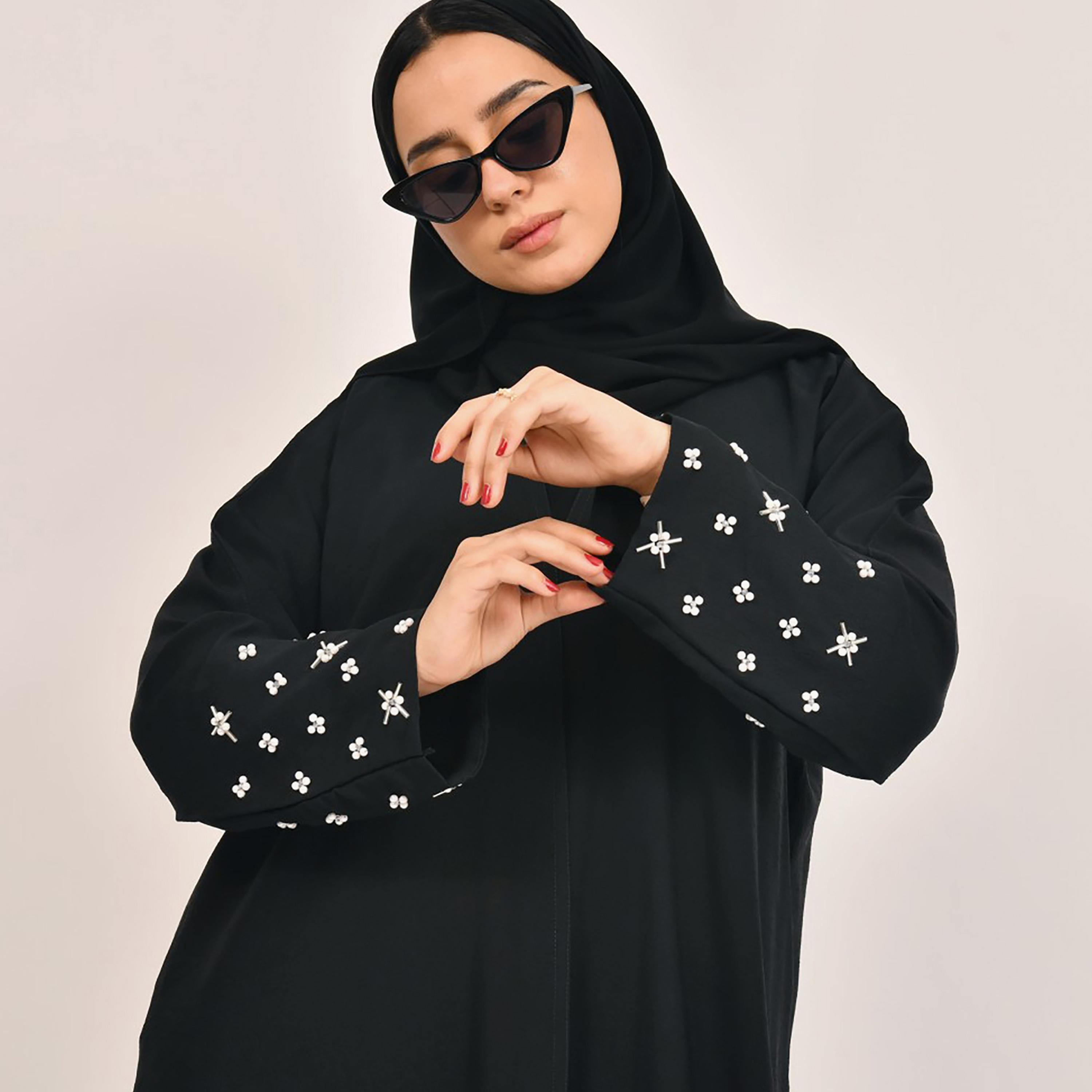 Lamha Plain Pearl Detailed Sleeves Abaya with Hijab-women-arabicclothing-abayas-image-3