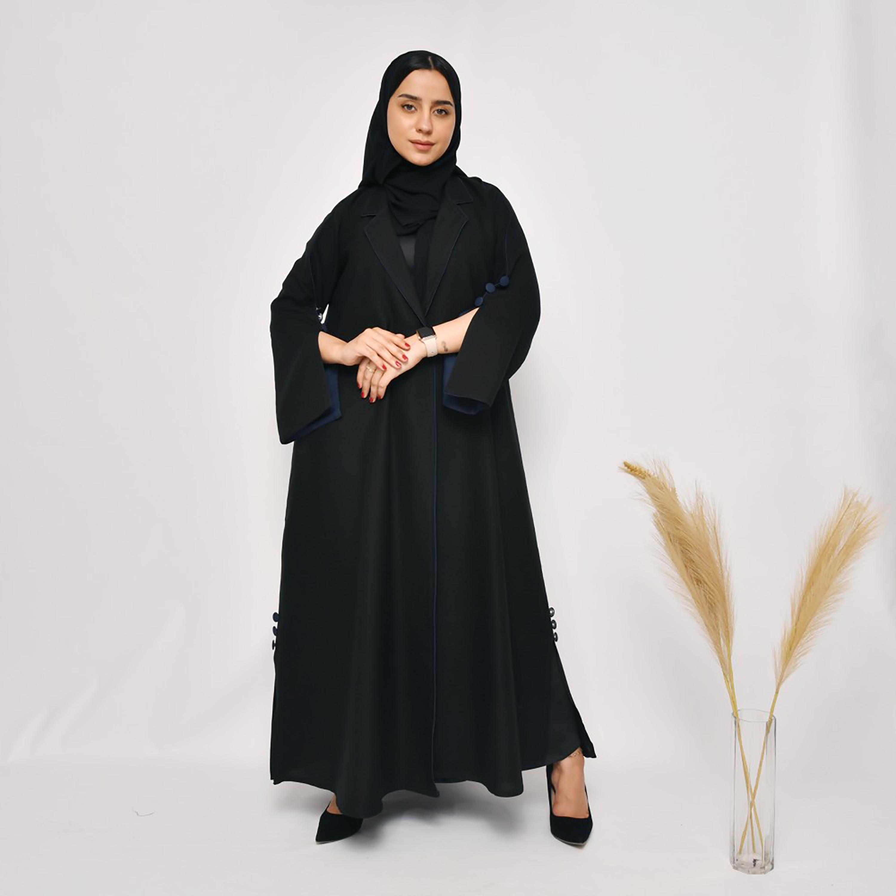 Lamha Plain Buttons Detailed Sleeves Coat Style Abaya with Hijab-women-arabicclothing-abayas-image-1