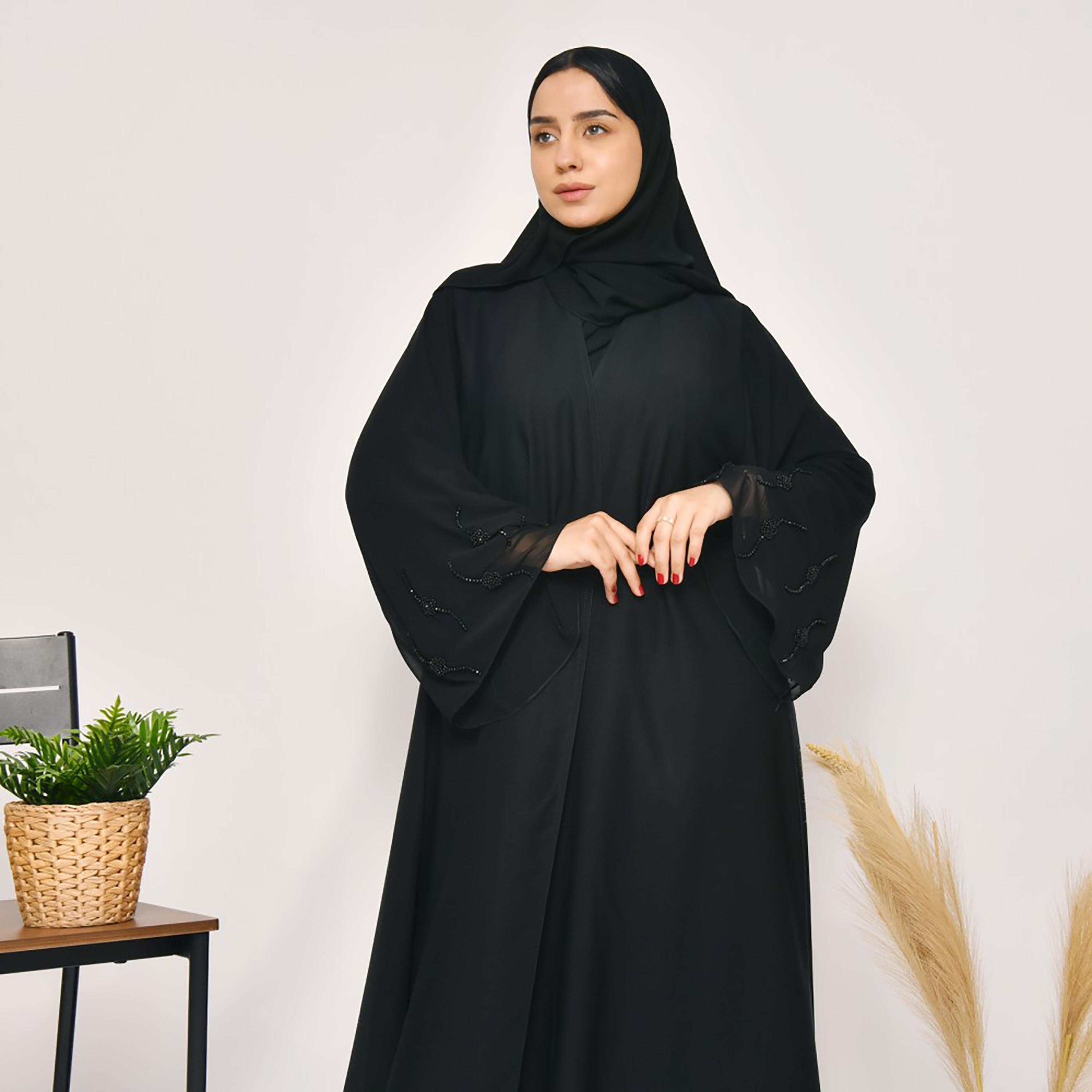 Lamha Plain Beaded Detailed Sleeves Abaya with Hijab-women-arabicclothing-abayas-image-2