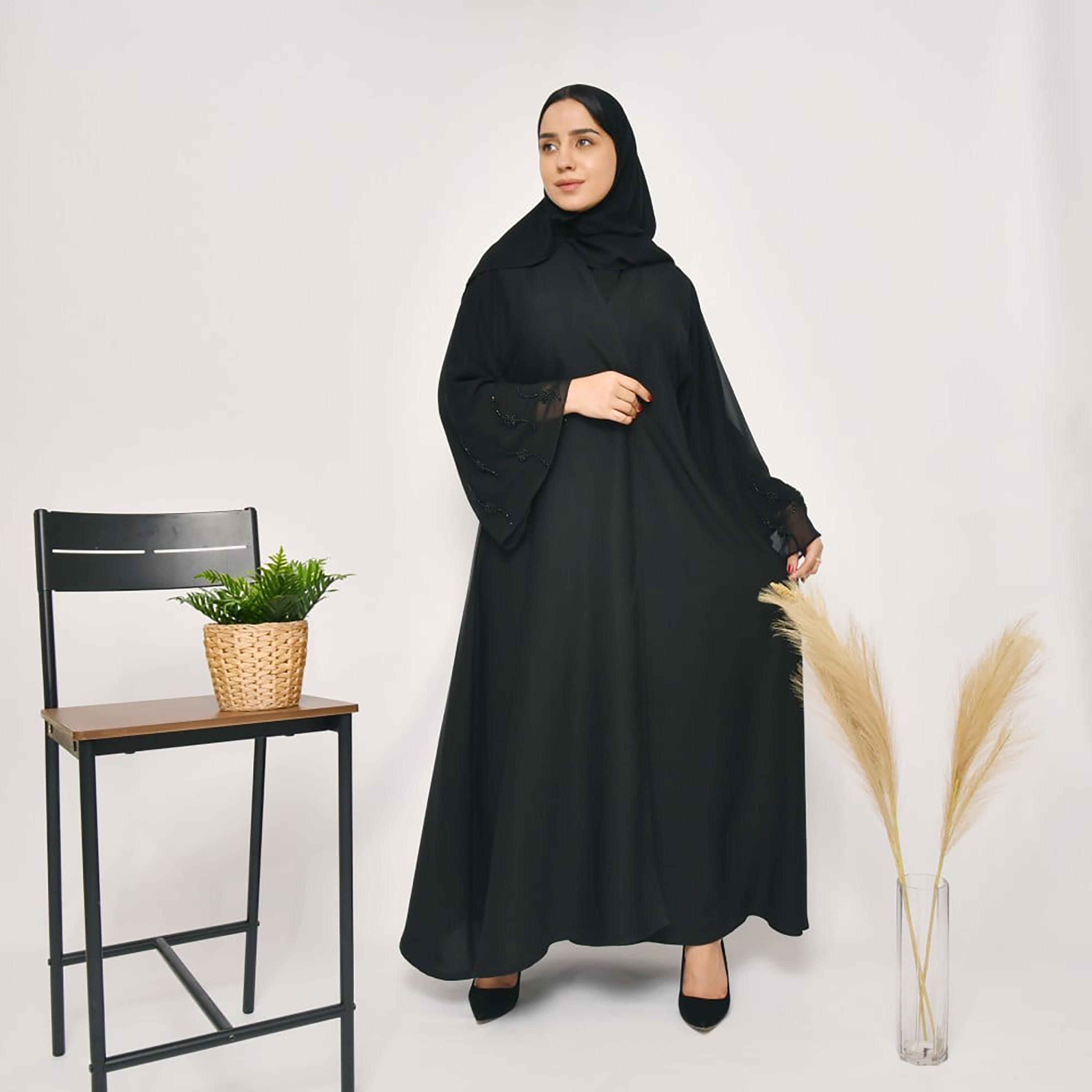 Lamha Plain Beaded Detailed Sleeves Abaya with Hijab-women-arabicclothing-abayas-image-4